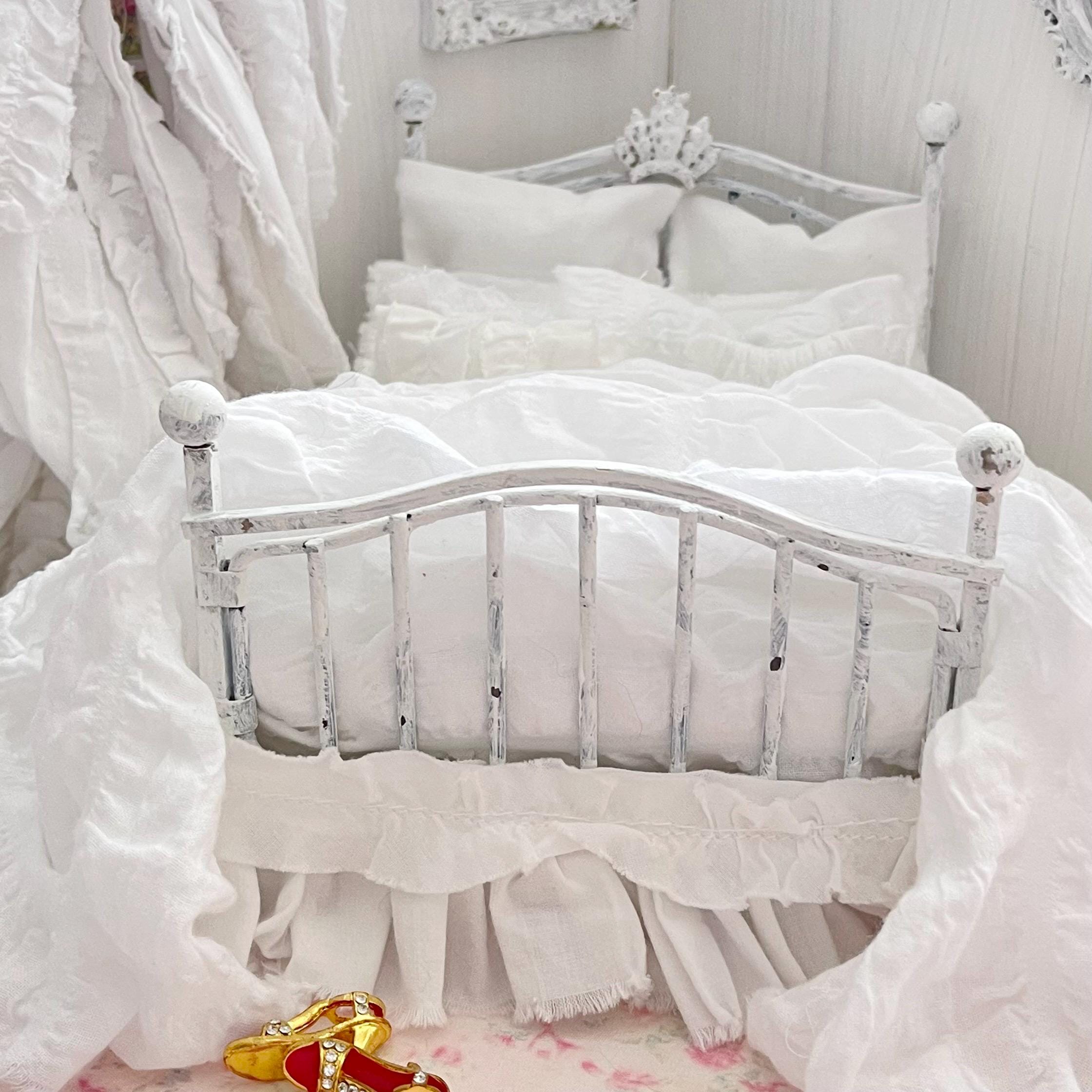 Etsy 1:12 Scale Distressed White Painted Metal Dressed Dollhouse Double Bed with White Cotton Bedding, Romantic Miniature Furniture and Decor