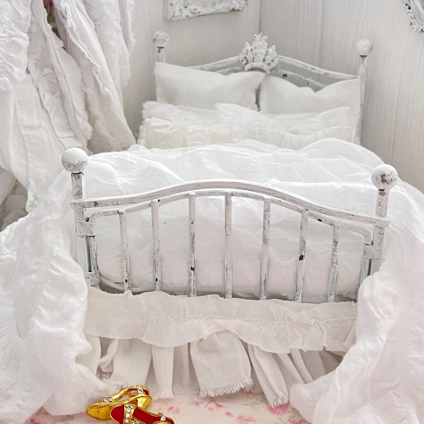 Etsy 1:12 Scale Distressed White Painted Metal Dressed Dollhouse Double Bed with White Cotton Bedding, Romantic Miniature Furniture and Decor