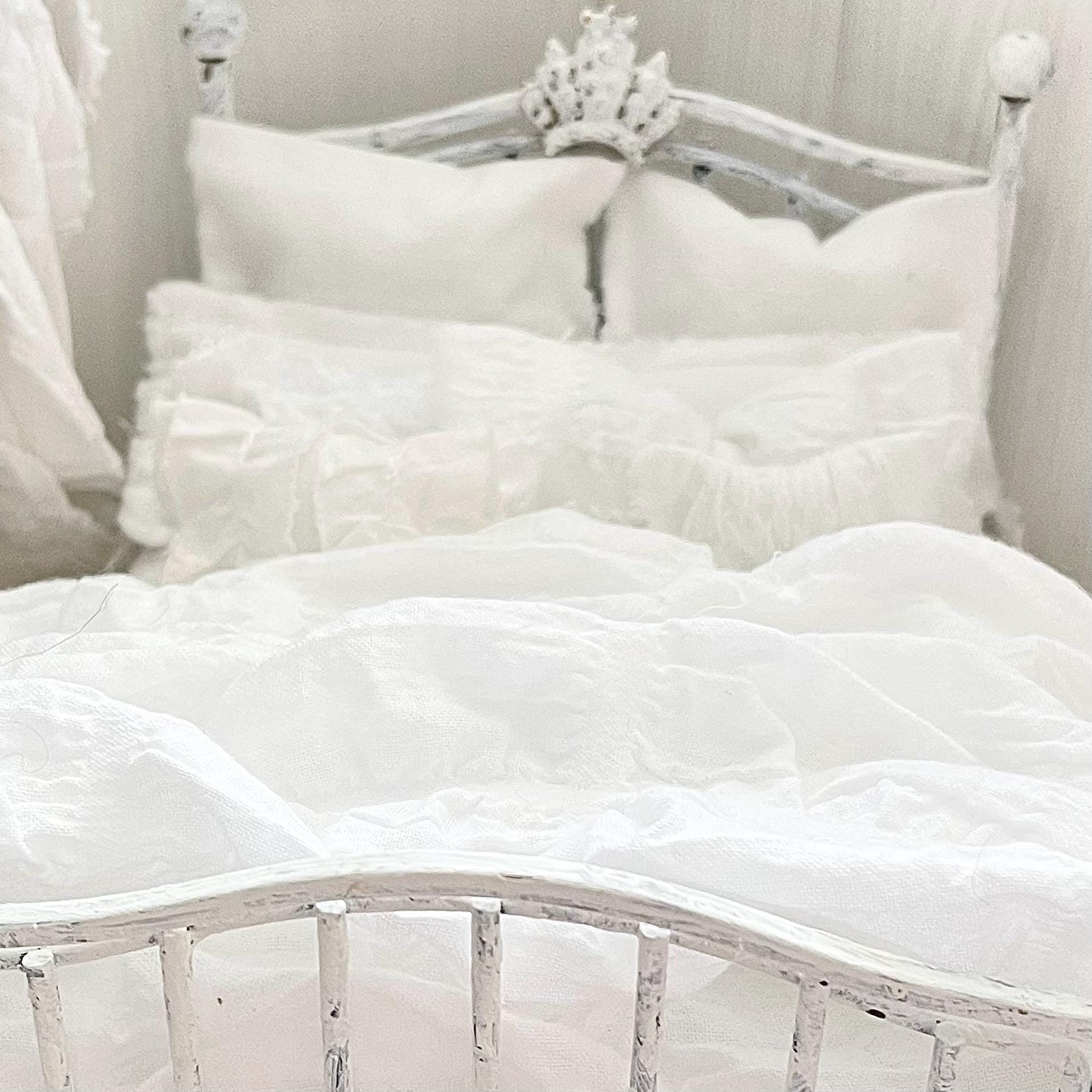 Etsy 1:12 Scale Distressed White Painted Metal Dressed Dollhouse Double Bed with White Cotton Bedding, Romantic Miniature Furniture and Decor