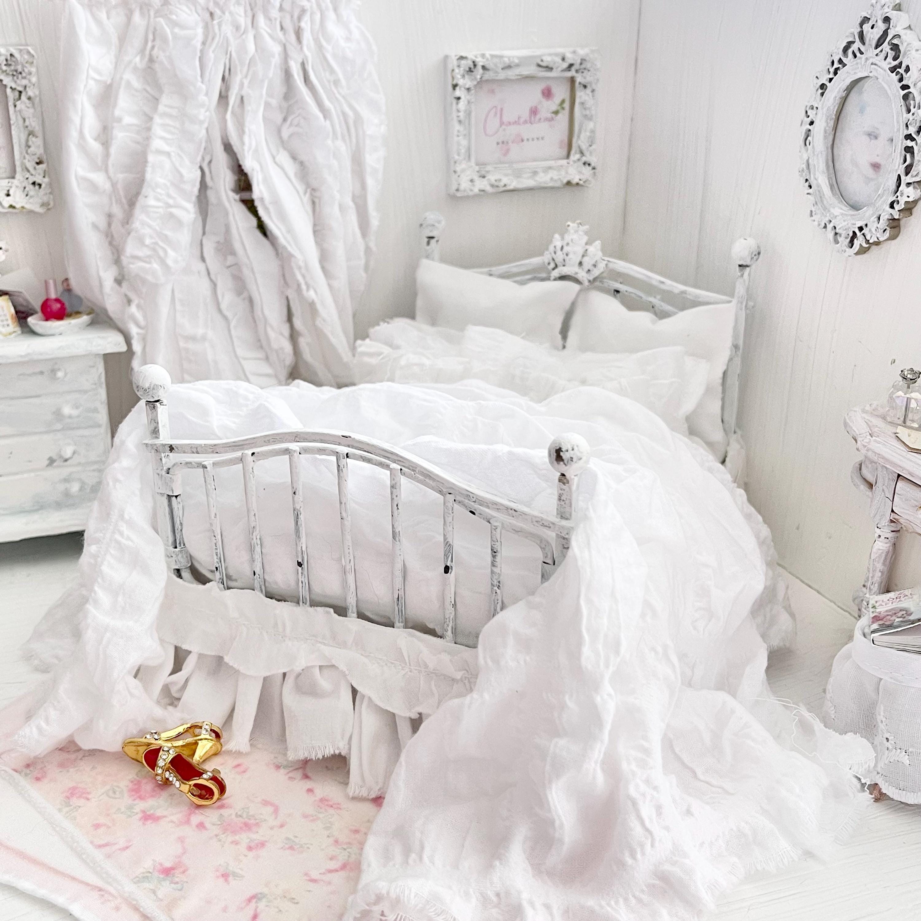 Etsy 1:12 Scale Distressed White Painted Metal Dressed Dollhouse Double Bed with White Cotton Bedding, Romantic Miniature Furniture and Decor