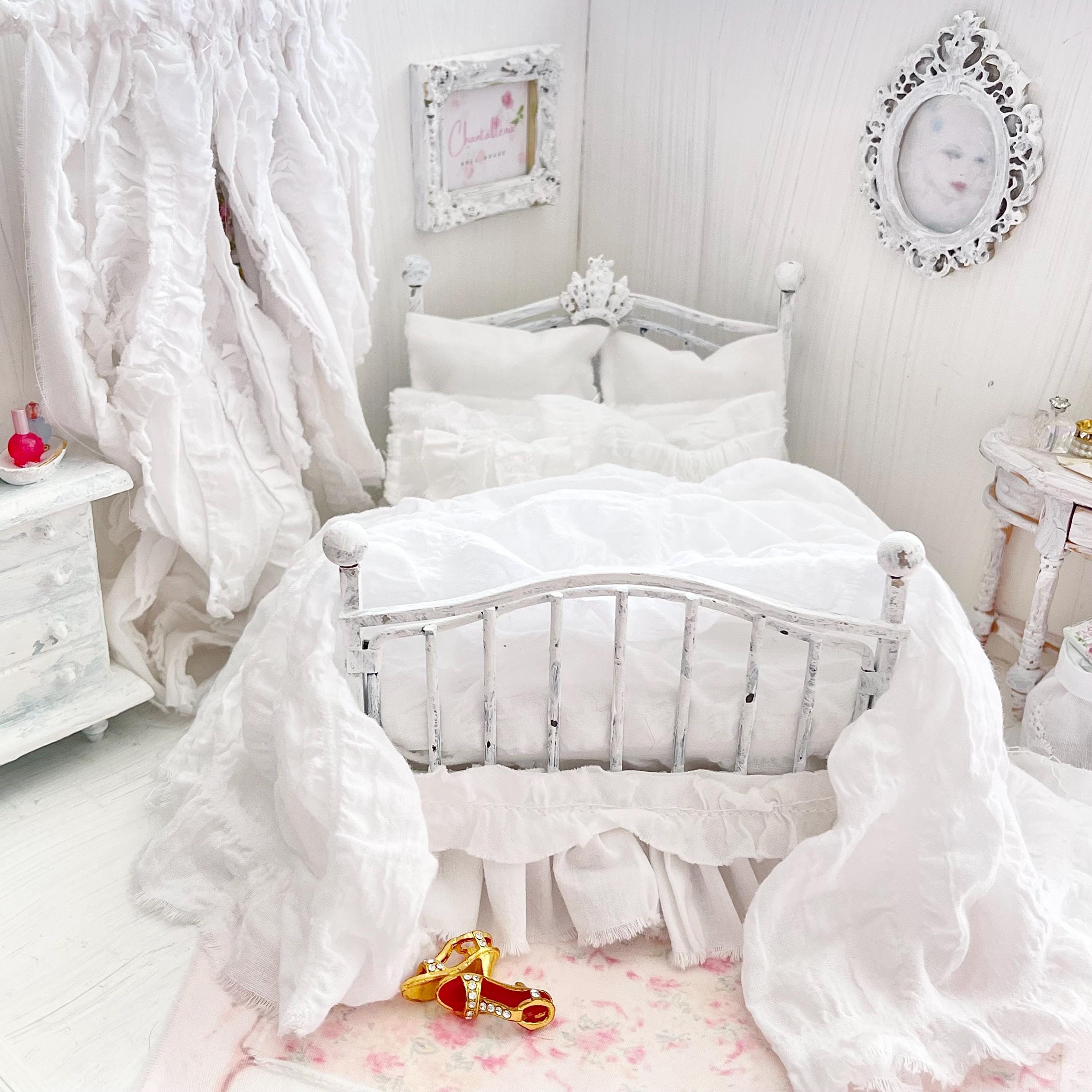 Etsy 1:12 Scale Distressed White Painted Metal Dressed Dollhouse Double Bed with White Cotton Bedding, Romantic Miniature Furniture and Decor