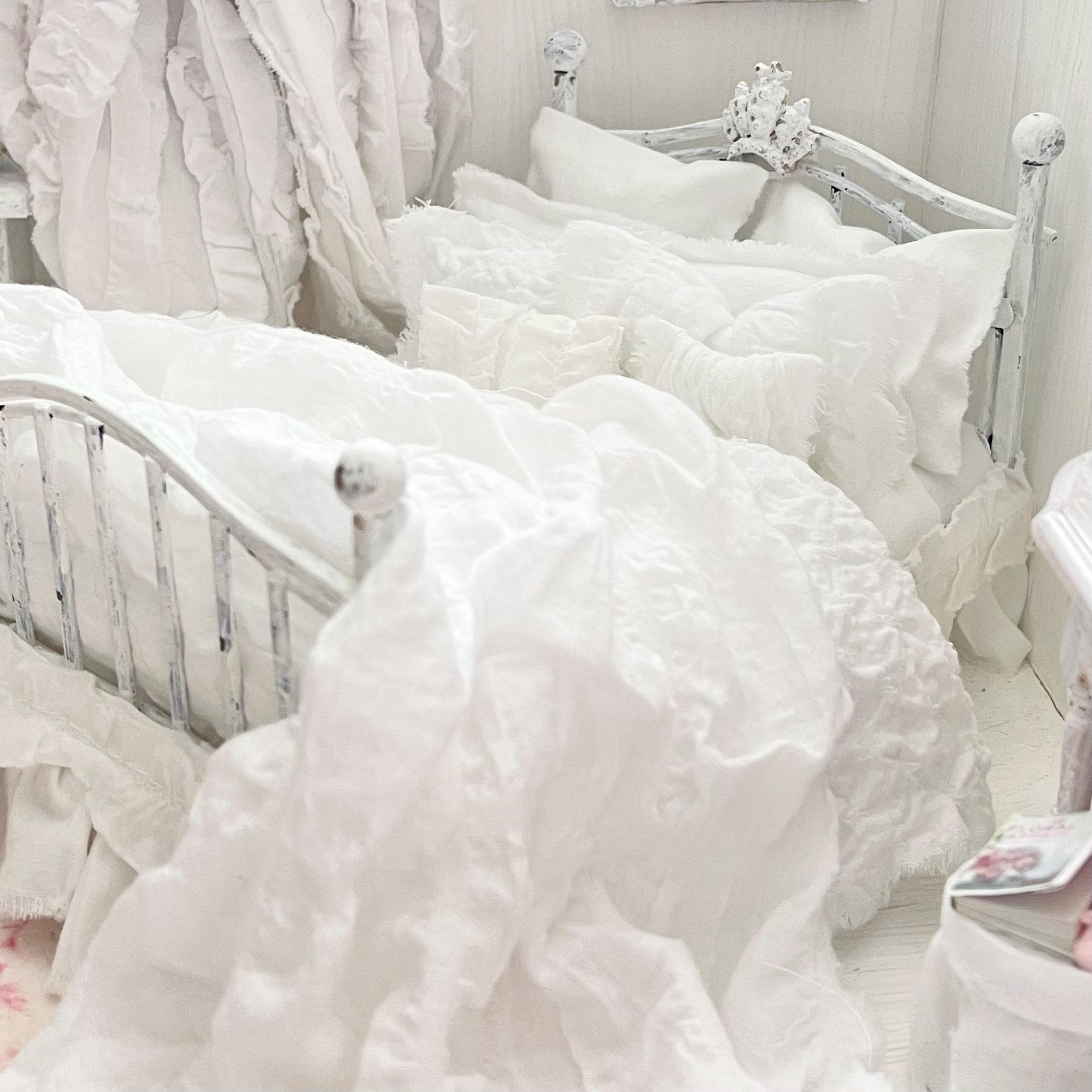 Etsy 1:12 Scale Distressed White Painted Metal Dressed Dollhouse Double Bed with White Cotton Bedding, Romantic Miniature Furniture and Decor