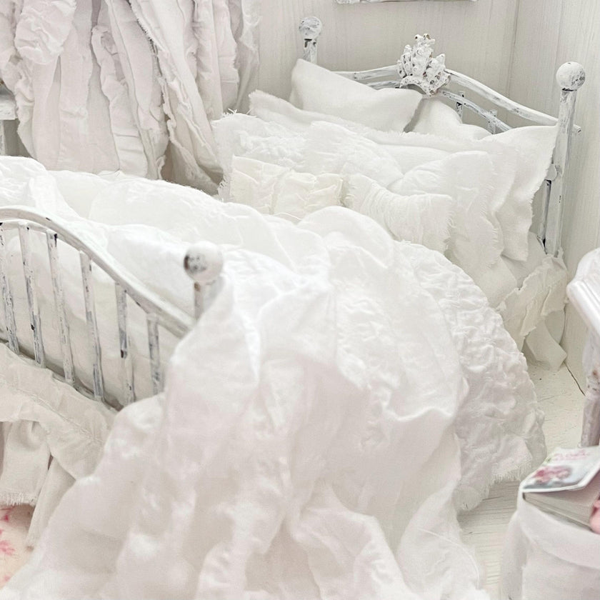 Etsy 1:12 Scale Distressed White Painted Metal Dressed Dollhouse Double Bed with White Cotton Bedding, Romantic Miniature Furniture and Decor