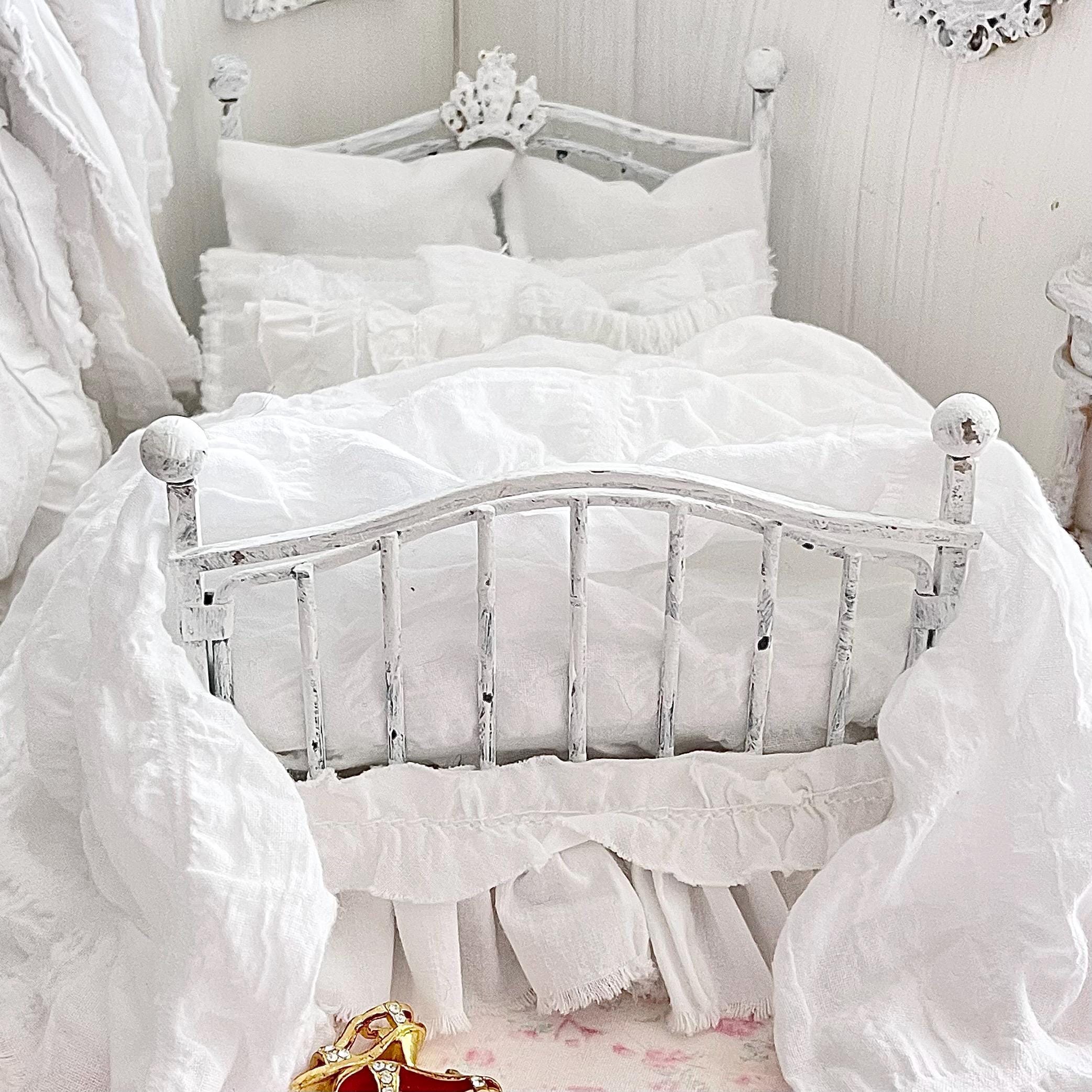 Etsy 1:12 Scale Distressed White Painted Metal Dressed Dollhouse Double Bed with White Cotton Bedding, Romantic Miniature Furniture and Decor