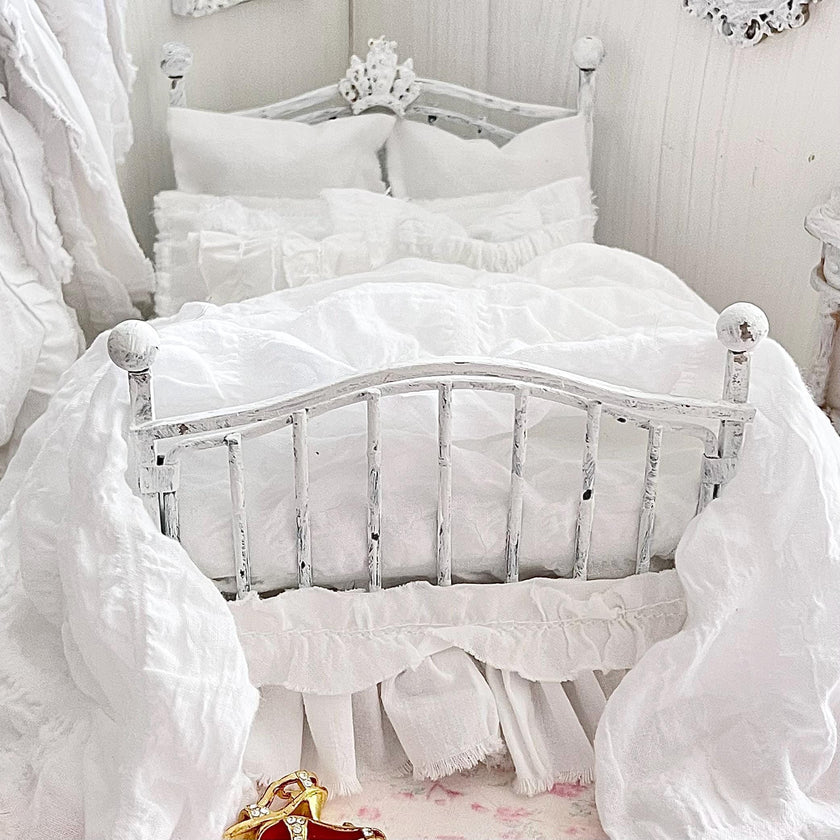 Etsy 1:12 Scale Distressed White Painted Metal Dressed Dollhouse Double Bed with White Cotton Bedding, Romantic Miniature Furniture and Decor