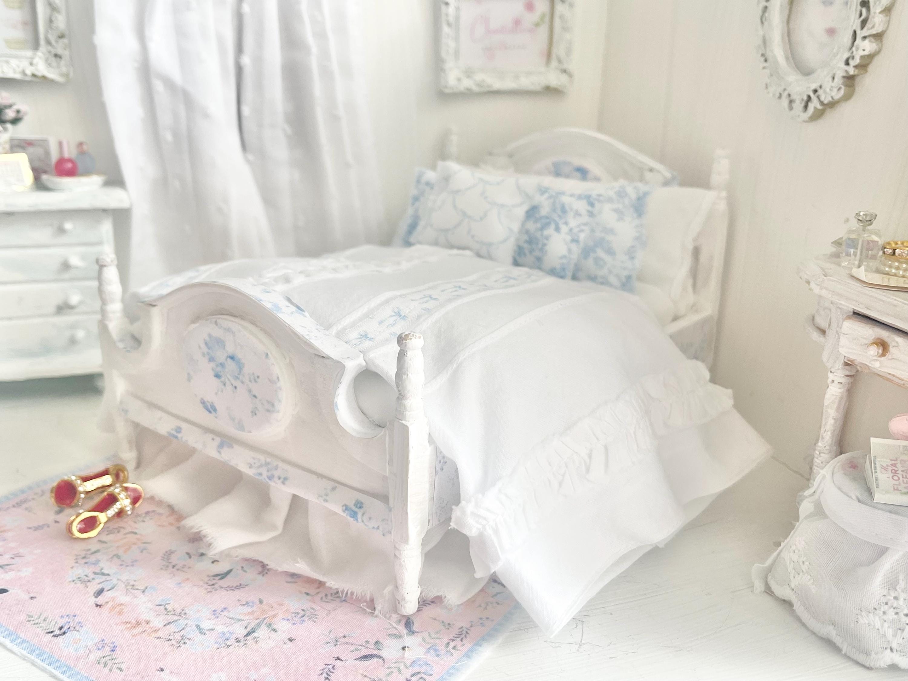 Etsy 1:12 Scale Dressed Dollhouse Bed- Toile and Bows | Decoupaged Romance | Chantallena