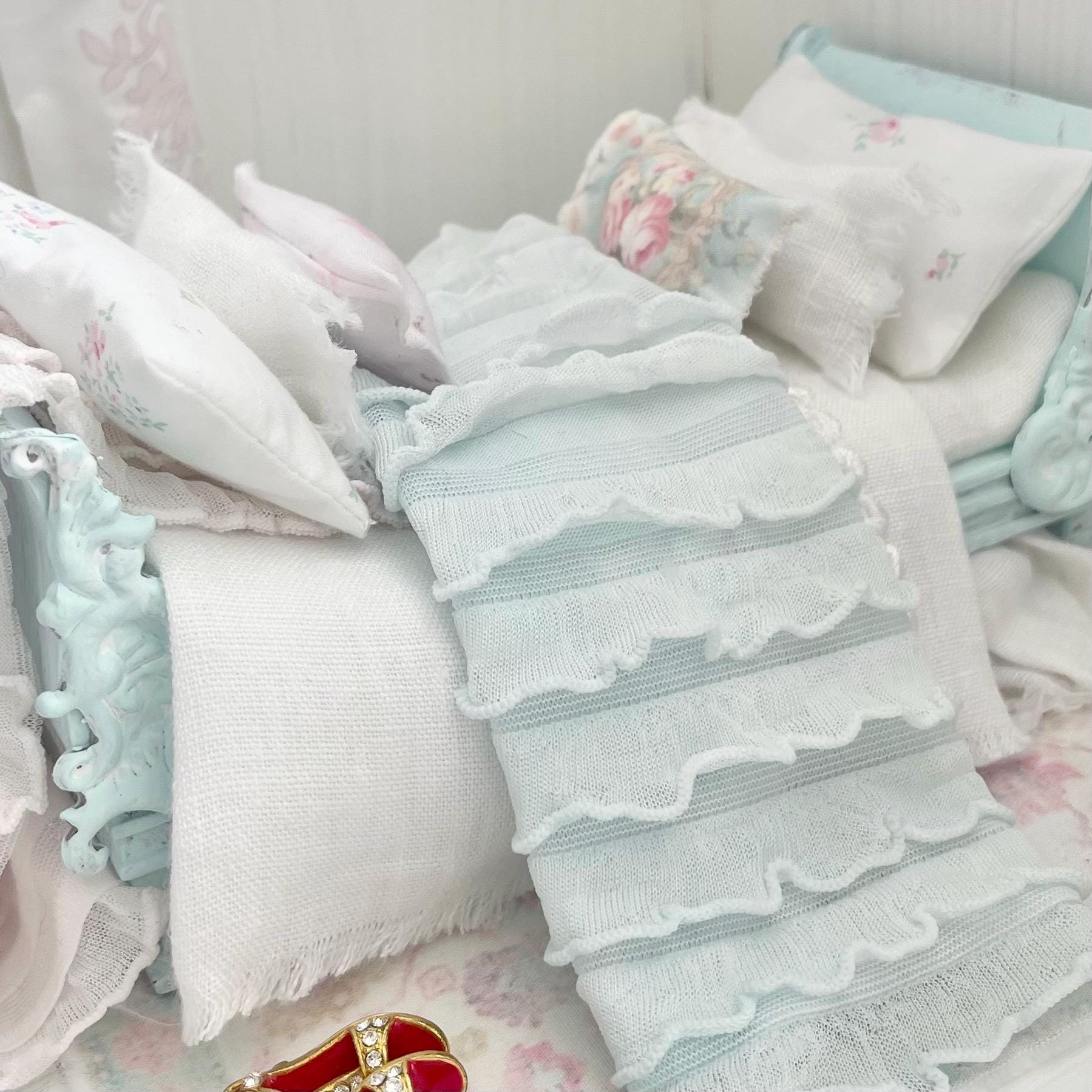 Etsy 1:12 Scale Mint Dressed Dollhouse Daybed with White Linen and Ruffled Bedding Set- Vienna | Painted Cottage| Chantallena