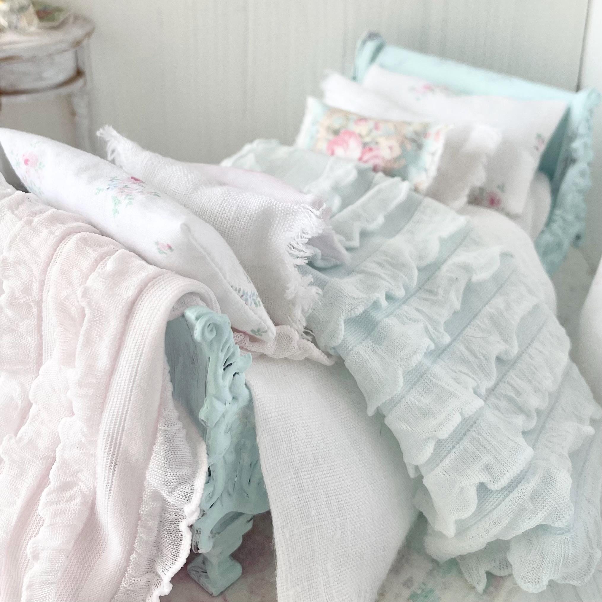 Etsy 1:12 Scale Mint Dressed Dollhouse Daybed with White Linen and Ruffled Bedding Set- Vienna | Painted Cottage| Chantallena