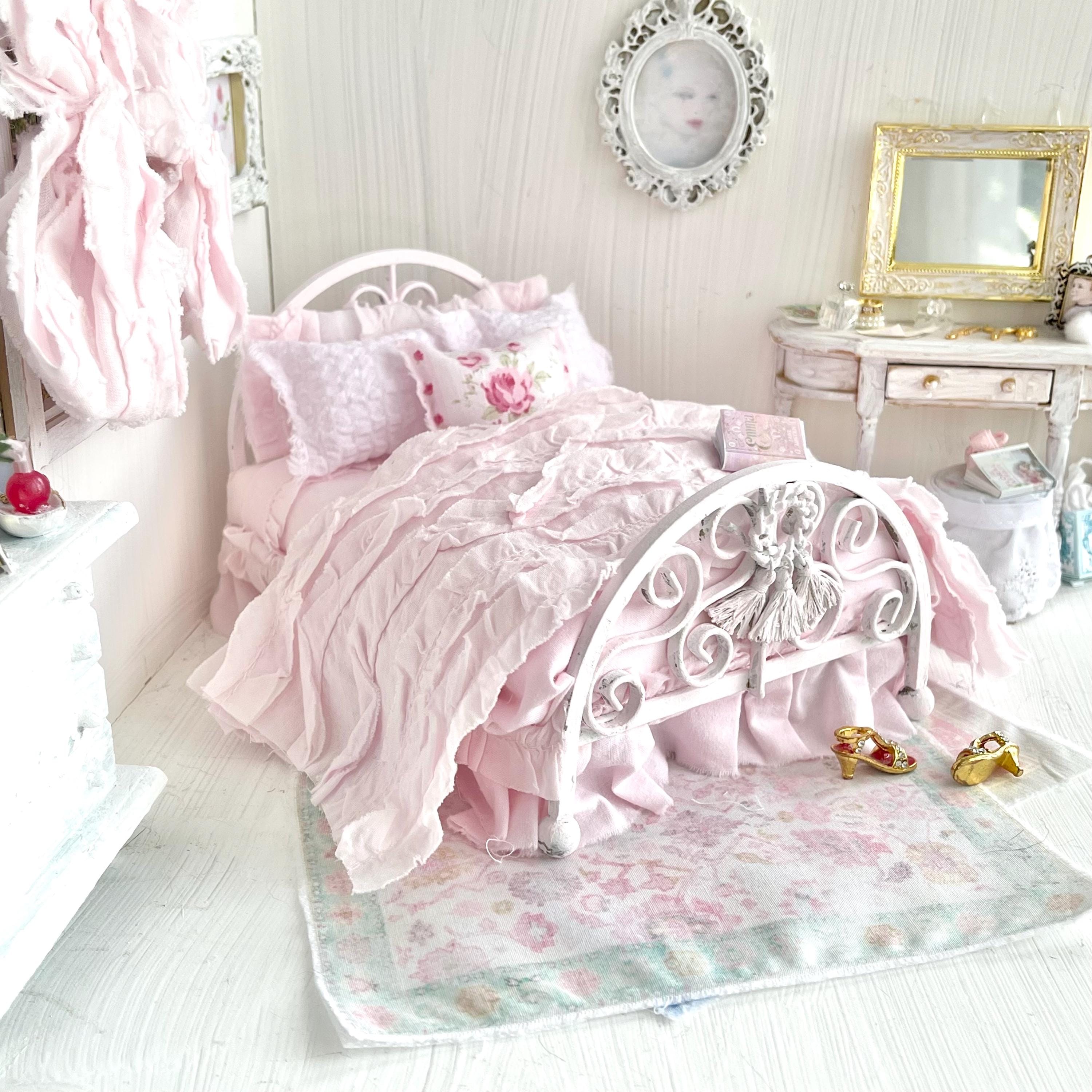 Etsy 1:12 Scale Pink Painted Metal Dressed Dollhouse Double Bed- Penni| Iron and Petals| Chantallena