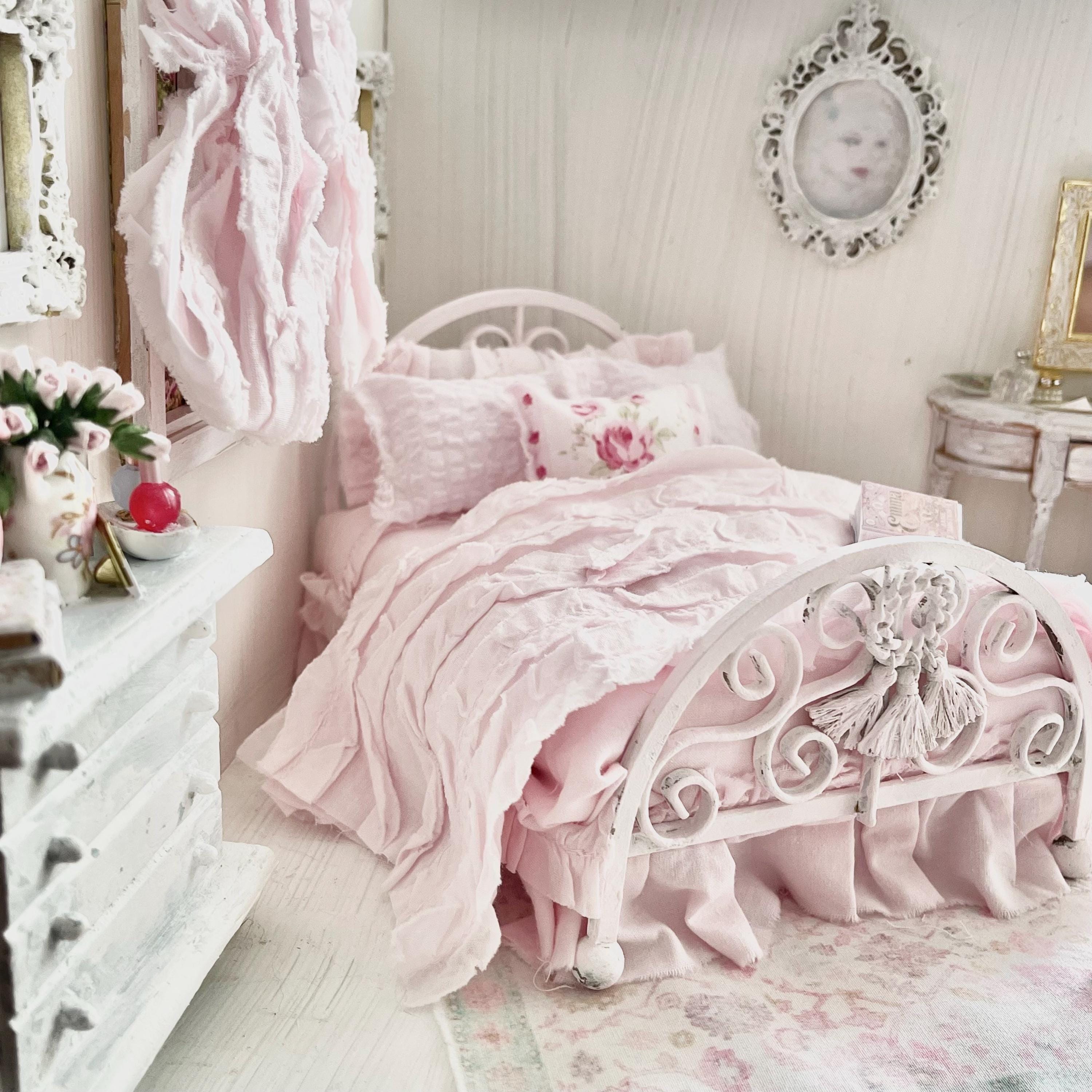 Etsy 1:12 Scale Pink Painted Metal Dressed Dollhouse Double Bed- Penni| Iron and Petals| Chantallena