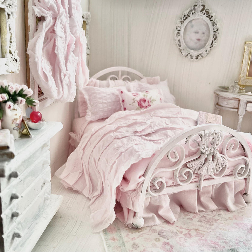 Etsy 1:12 Scale Pink Painted Metal Dressed Dollhouse Double Bed- Penni| Iron and Petals| Chantallena
