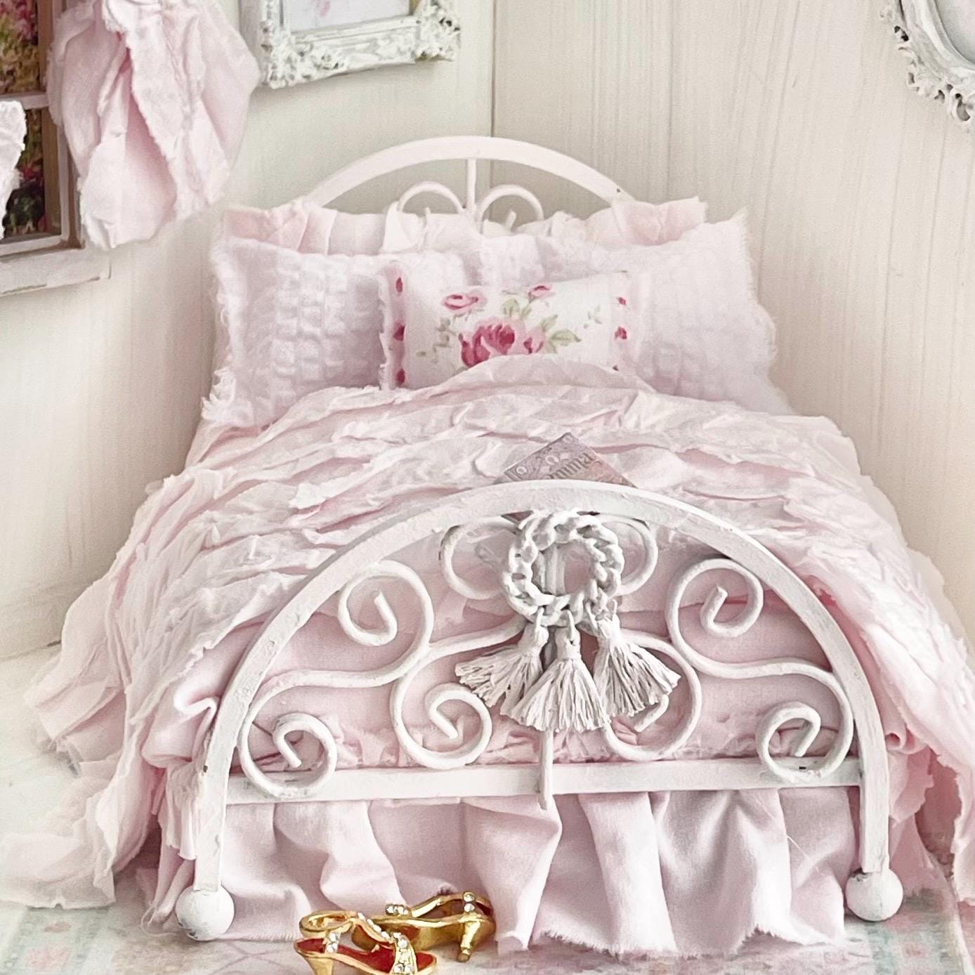 Etsy 1:12 Scale Pink Painted Metal Dressed Dollhouse Double Bed- Penni| Iron and Petals| Chantallena