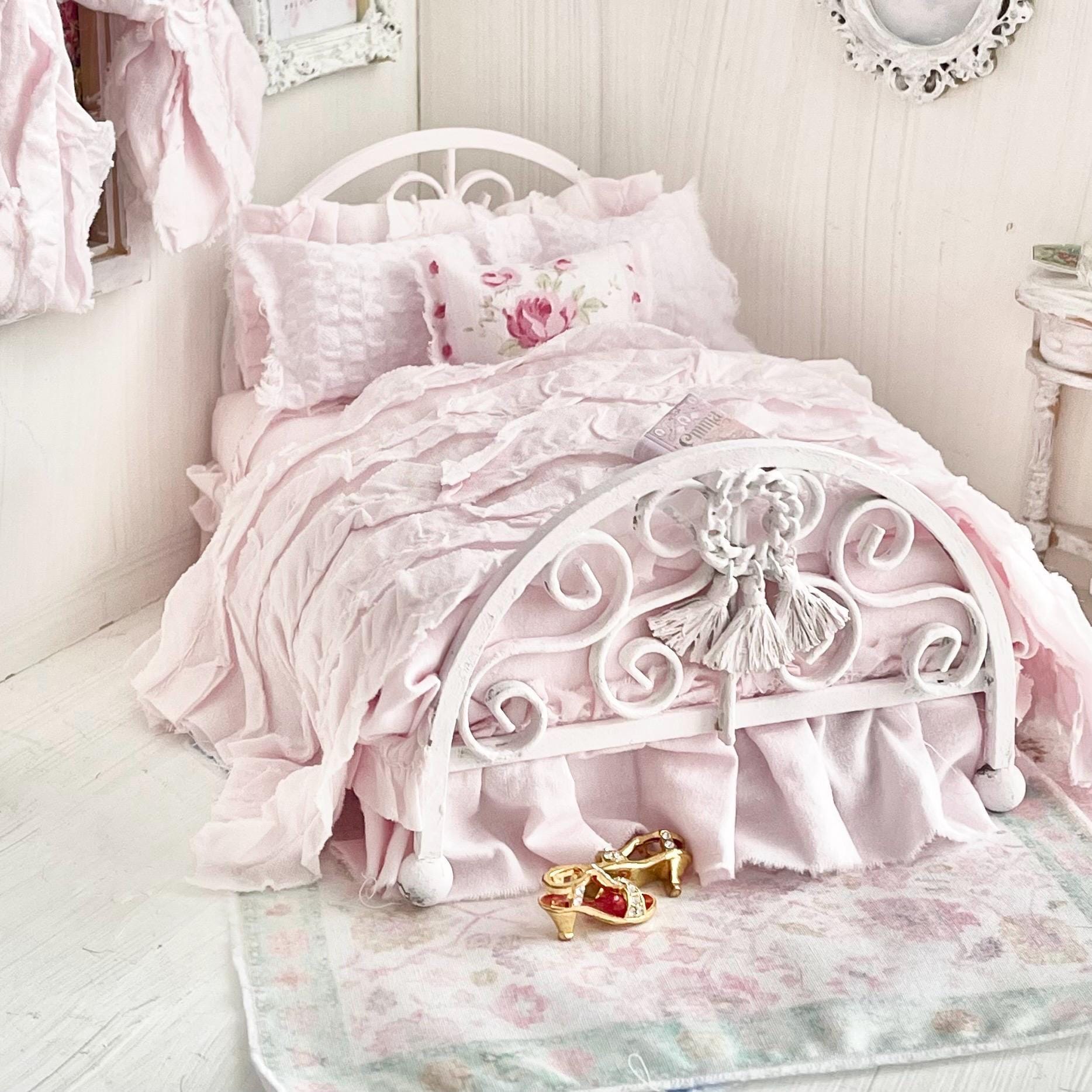 Etsy 1:12 Scale Pink Painted Metal Dressed Dollhouse Double Bed- Penni| Iron and Petals| Chantallena