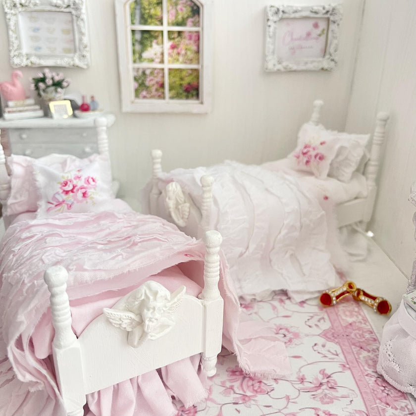 Etsy 1:12 Scale-White Wood Dressed Dollhouse Twin Beds| Roses and Ruffles |Painted Cottage| Chantallena