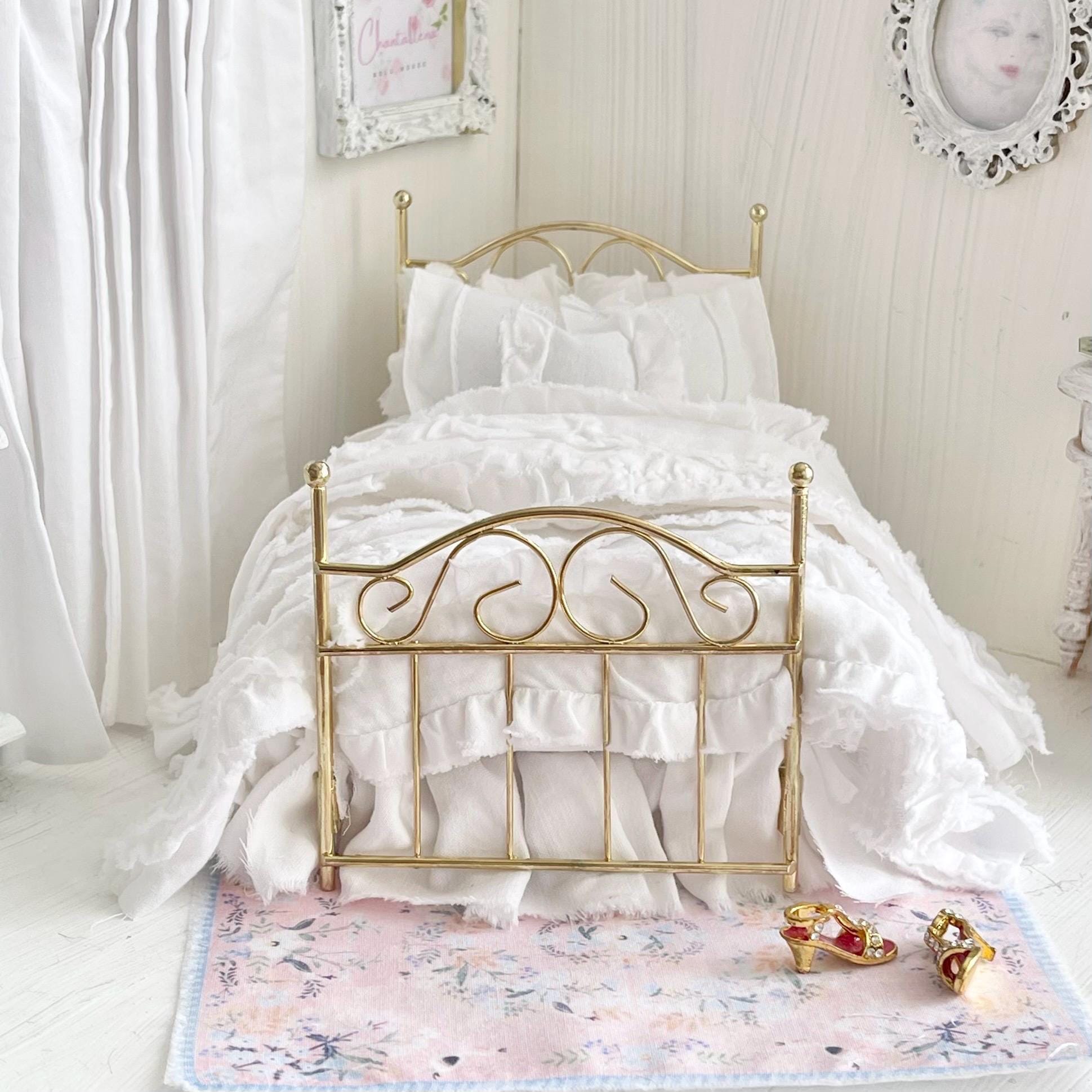 Etsy 1:12 Scale Brass Metal Dressed Dollhouse Double Bed, White Cotton Ruffled Bedding, Romantic Dollhouse Miniature Furniture Decor