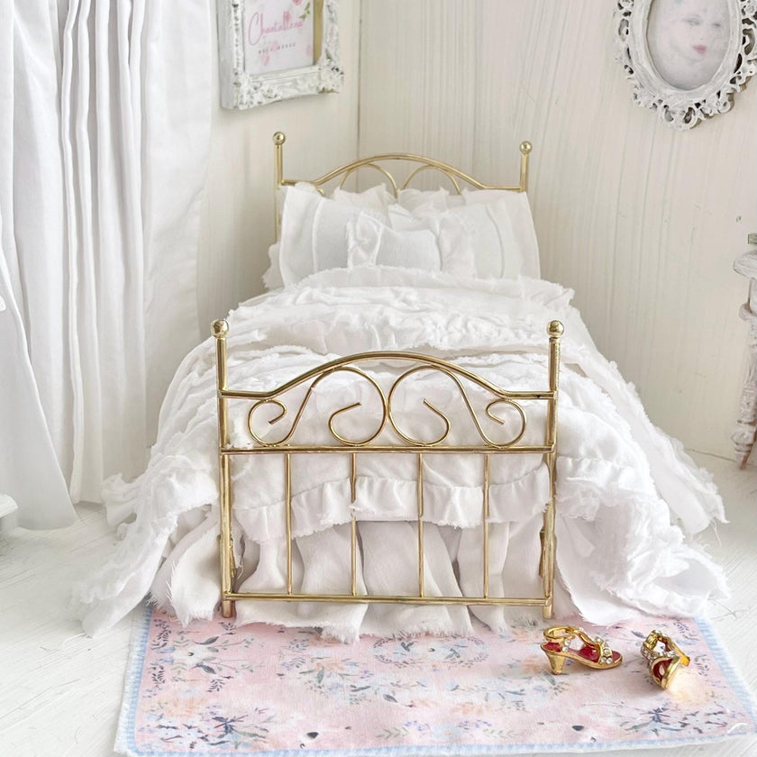 Etsy 1:12 Scale Brass Metal Dressed Dollhouse Double Bed, White Cotton Ruffled Bedding, Romantic Dollhouse Miniature Furniture Decor