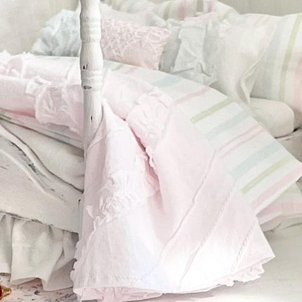 Etsy 1:12 Scale Distressed Painted White and Pink Wood Dressed Dollhouse Bed with Shabby White and Striped Bedding, Romantic Miniature Furniture