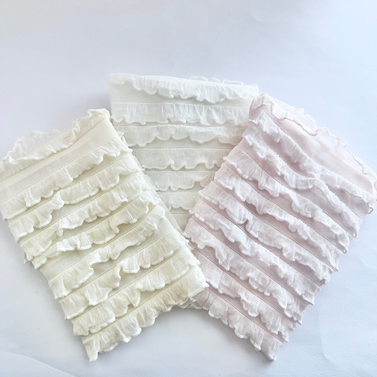 CHANTALLENA Cream/Pink/White Set of 3 Ruffled Throws At Home | Romantic Poly Knit Petite Ruffled Cascading Throw