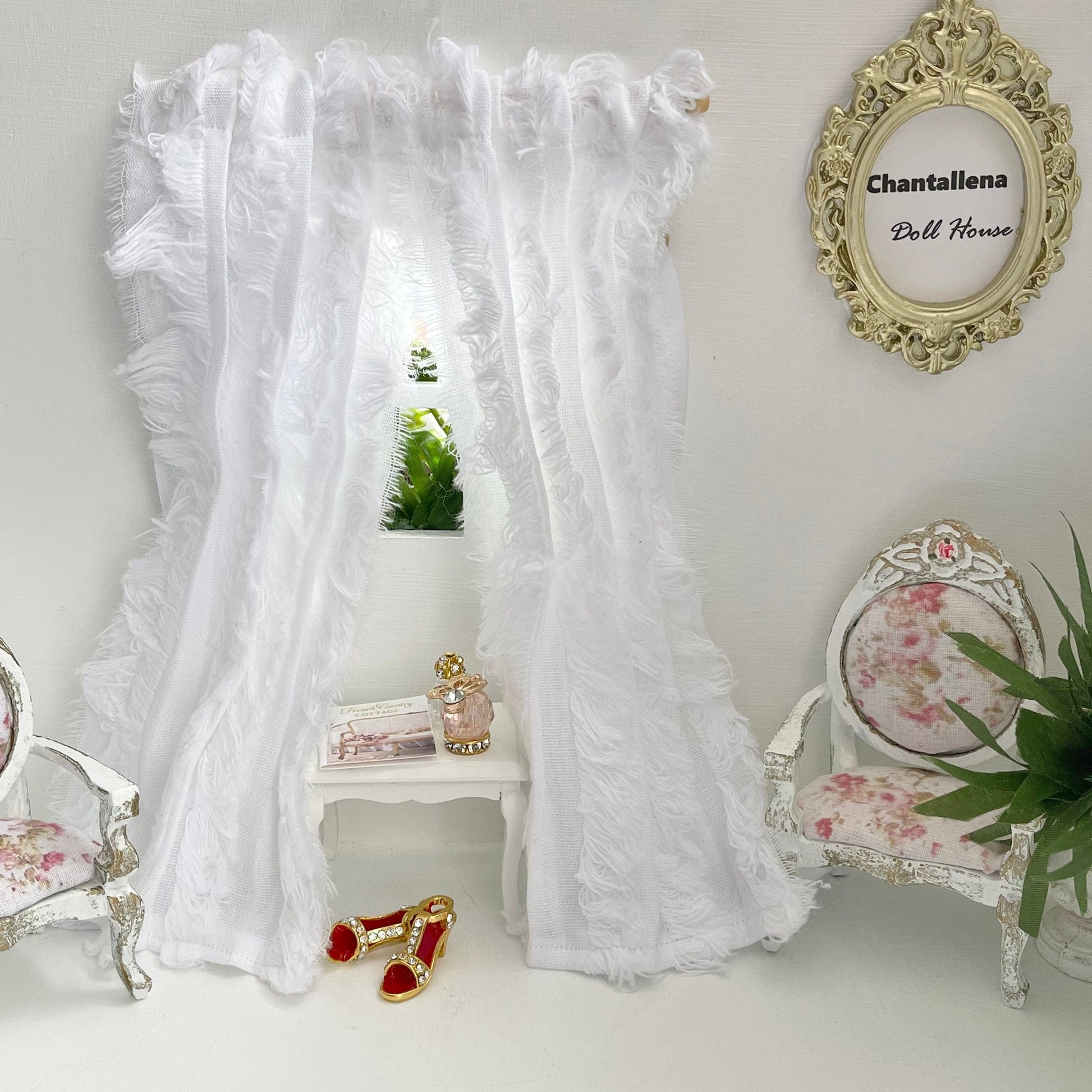Chantallena Doll House 1 Curtain with rod CURTAINS - White Fringed 2 Panel Cotton Curtains | White Fringe | Soft Furnishings