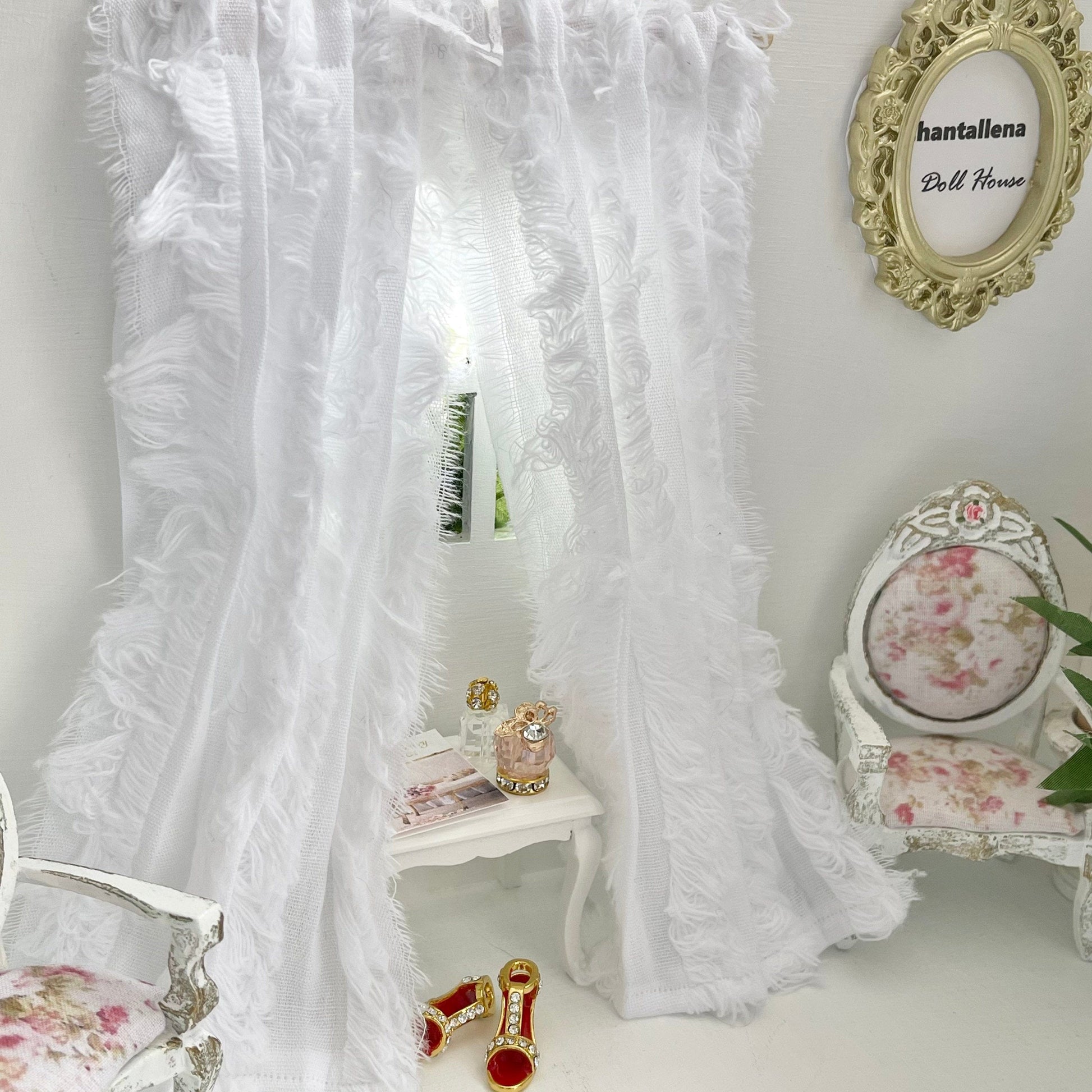 Chantallena Doll House 2 Curtains with rods CURTAINS - White Fringed 2 Panel Cotton Curtains | White Fringe | Soft Furnishings