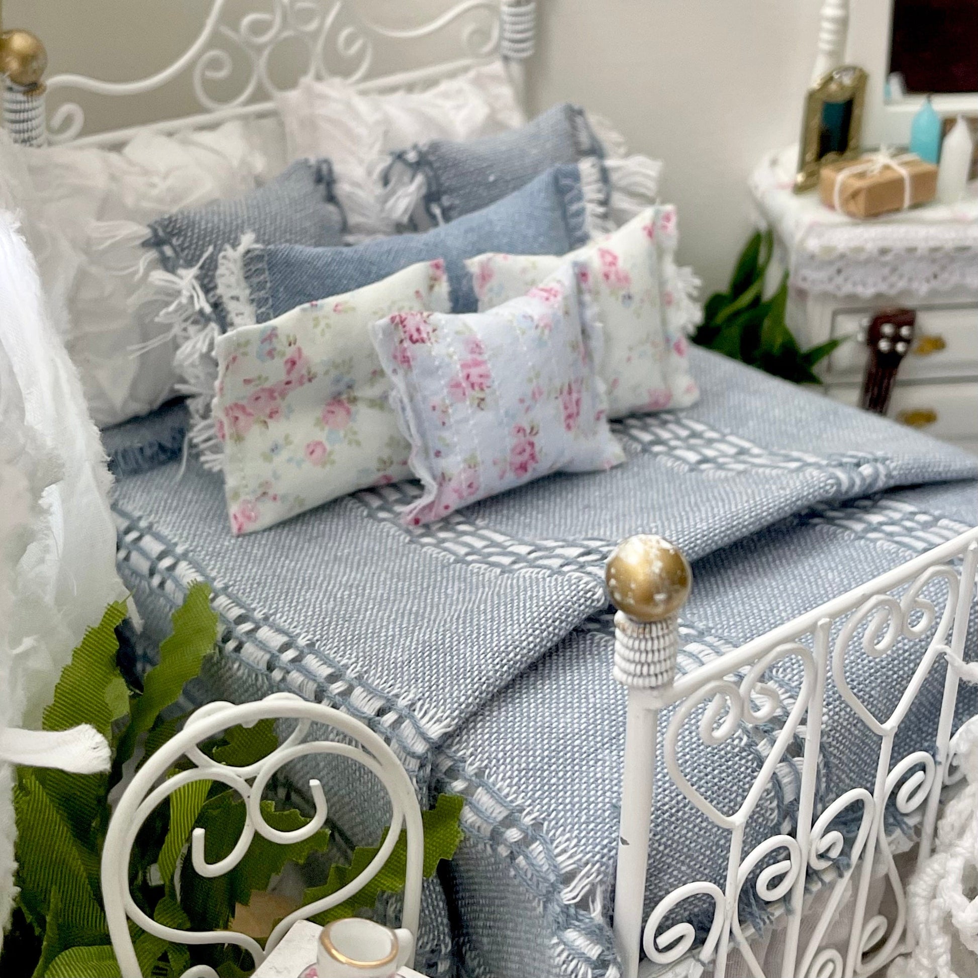 Chantallena Doll House Bedding Country Weekend - Raw Edged Blue Denim Single Bedding Set with Shabby Floral Pillows | Lillian Blue