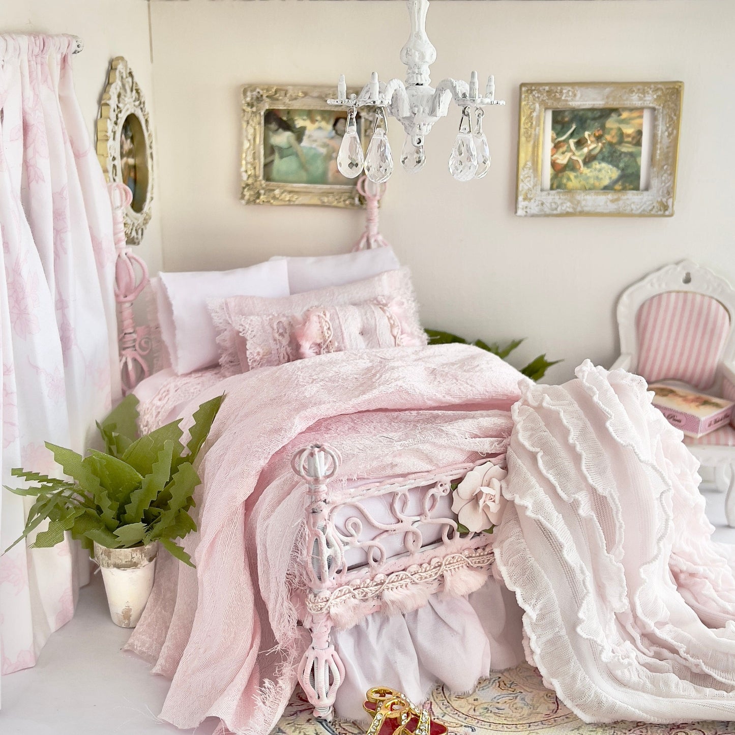 Chantallena Doll House Bedding Dressed Bed | Pink Cotton and Dupioni Silk with Lace Accents  | Shades of Pink