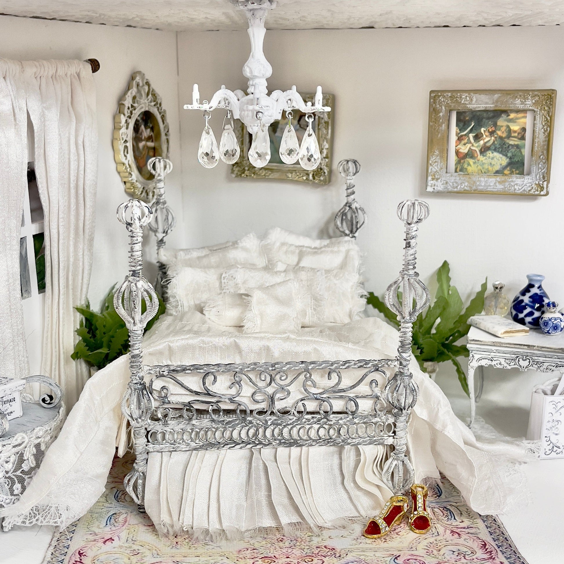 Chantallena Doll House Bedding Dressed Bed | White Dupioni Silk with Lace Accents  |Vanna Silk