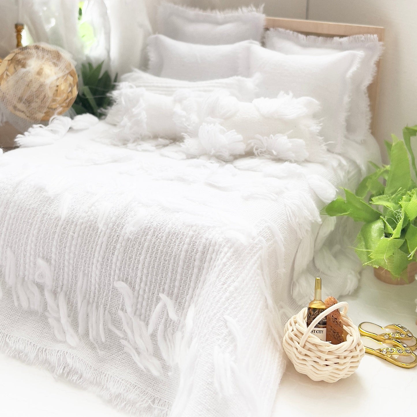 Chantallena Doll House Bohemian Wanderlust |  White Fringed and Textured Cotton Bedding Set | Theo