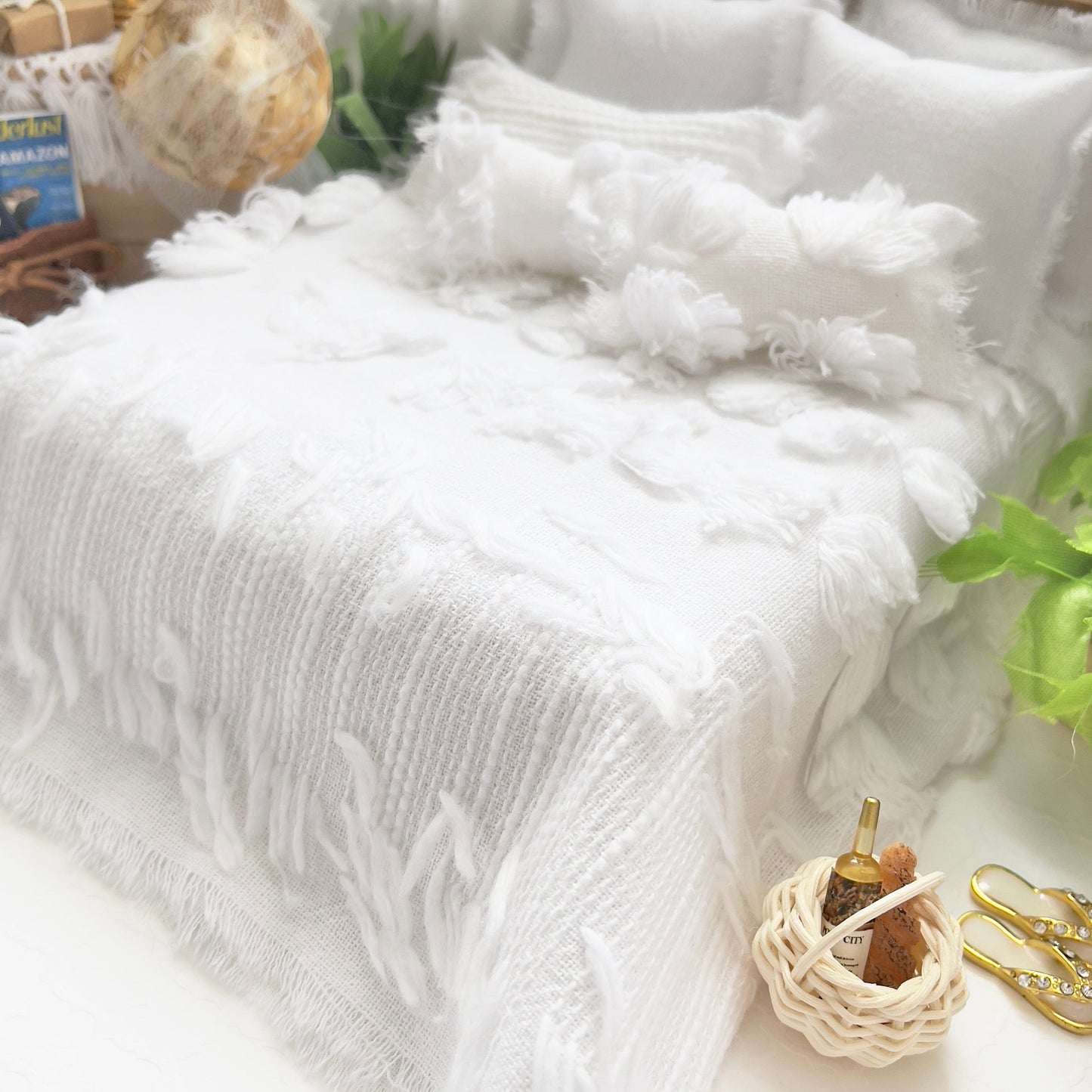 Chantallena Doll House Bohemian Wanderlust |  White Fringed and Textured Cotton Bedding Set | Theo