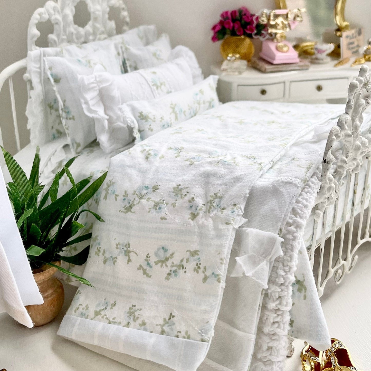 Chantallena Doll House Copy of Copy of Shabby Cottage | Eight Piece Shabby White Cotton Bed Set with Blue Roses Trellis | Blue Rose Trellis
