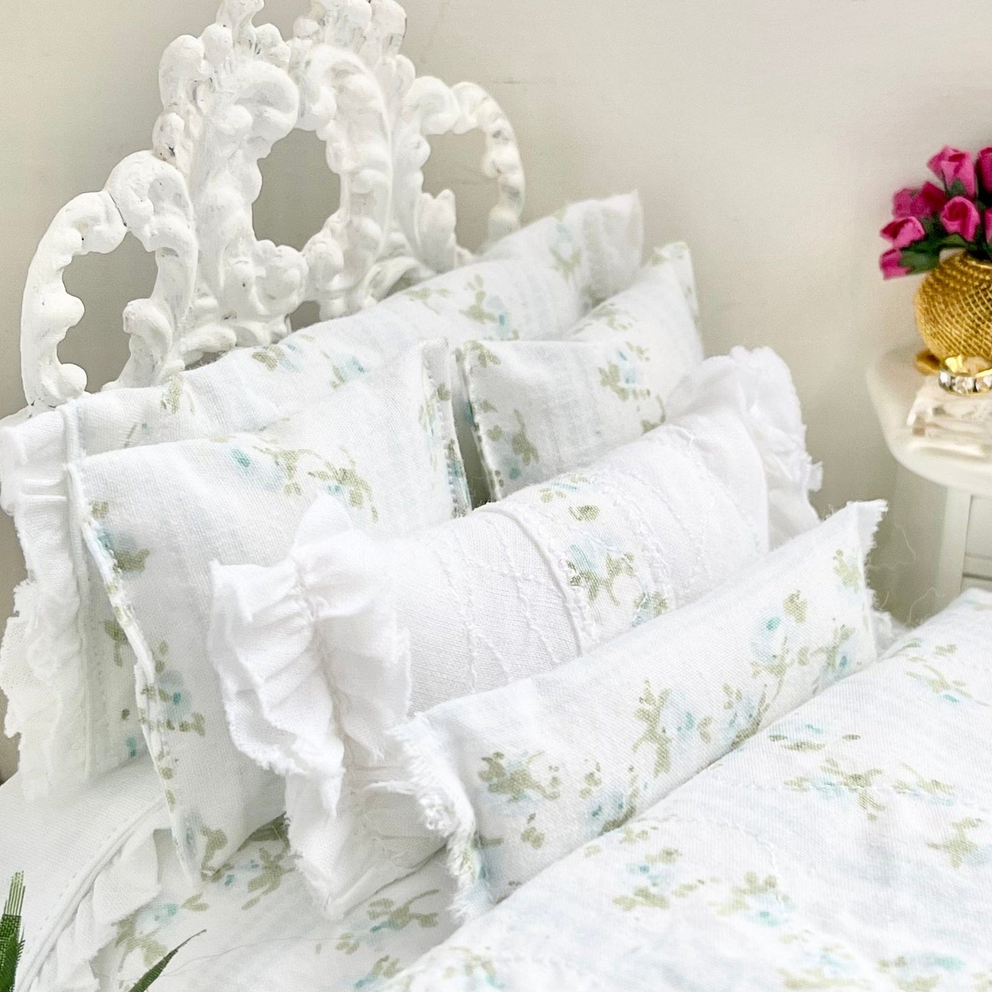 Chantallena Doll House Copy of Copy of Shabby Cottage | Eight Piece Shabby White Cotton Bed Set with Blue Roses Trellis | Blue Rose Trellis