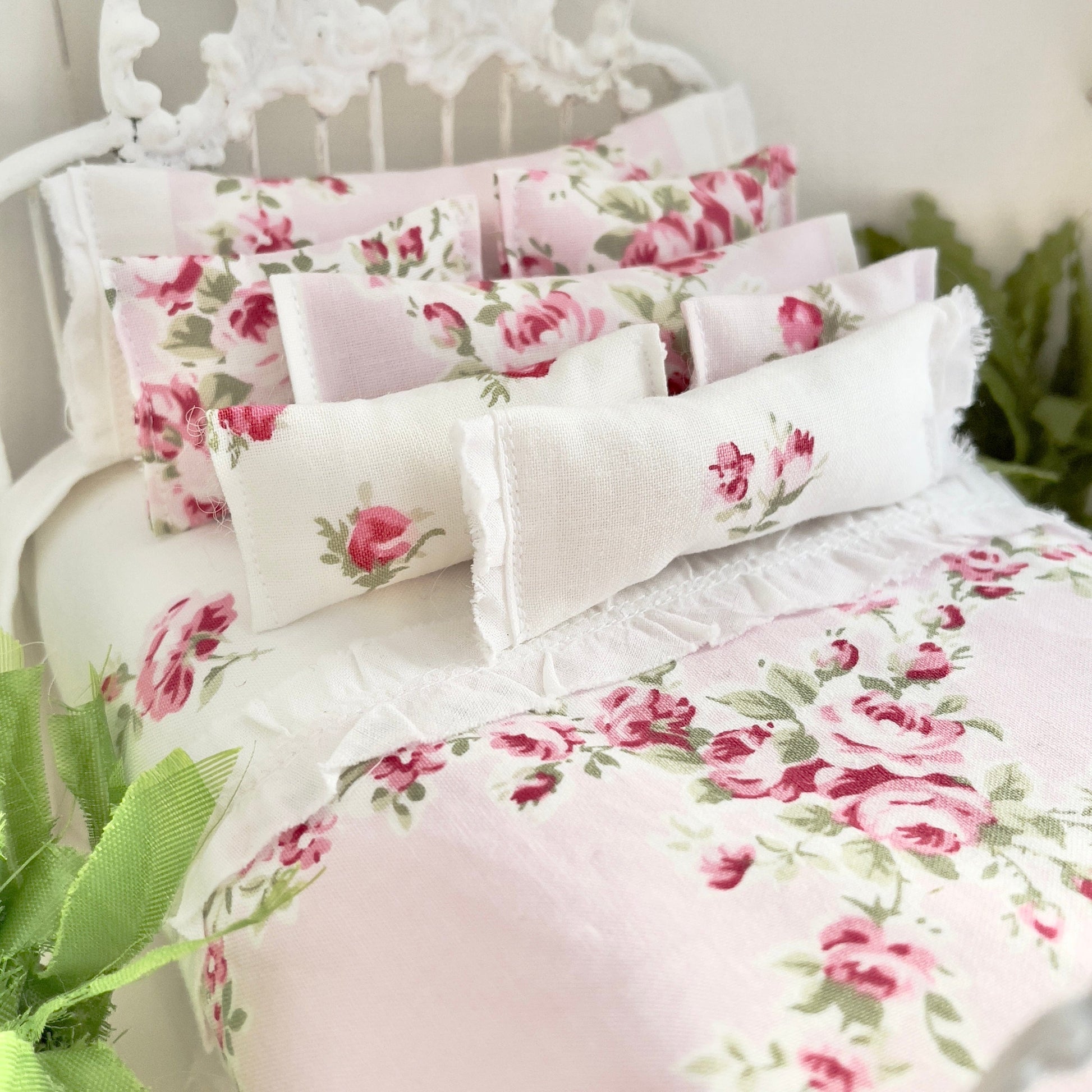Chantallena Doll House Copy of Shabby Cottage | Eight Piece Blue and Pink Floral Bedding Set | Brooke