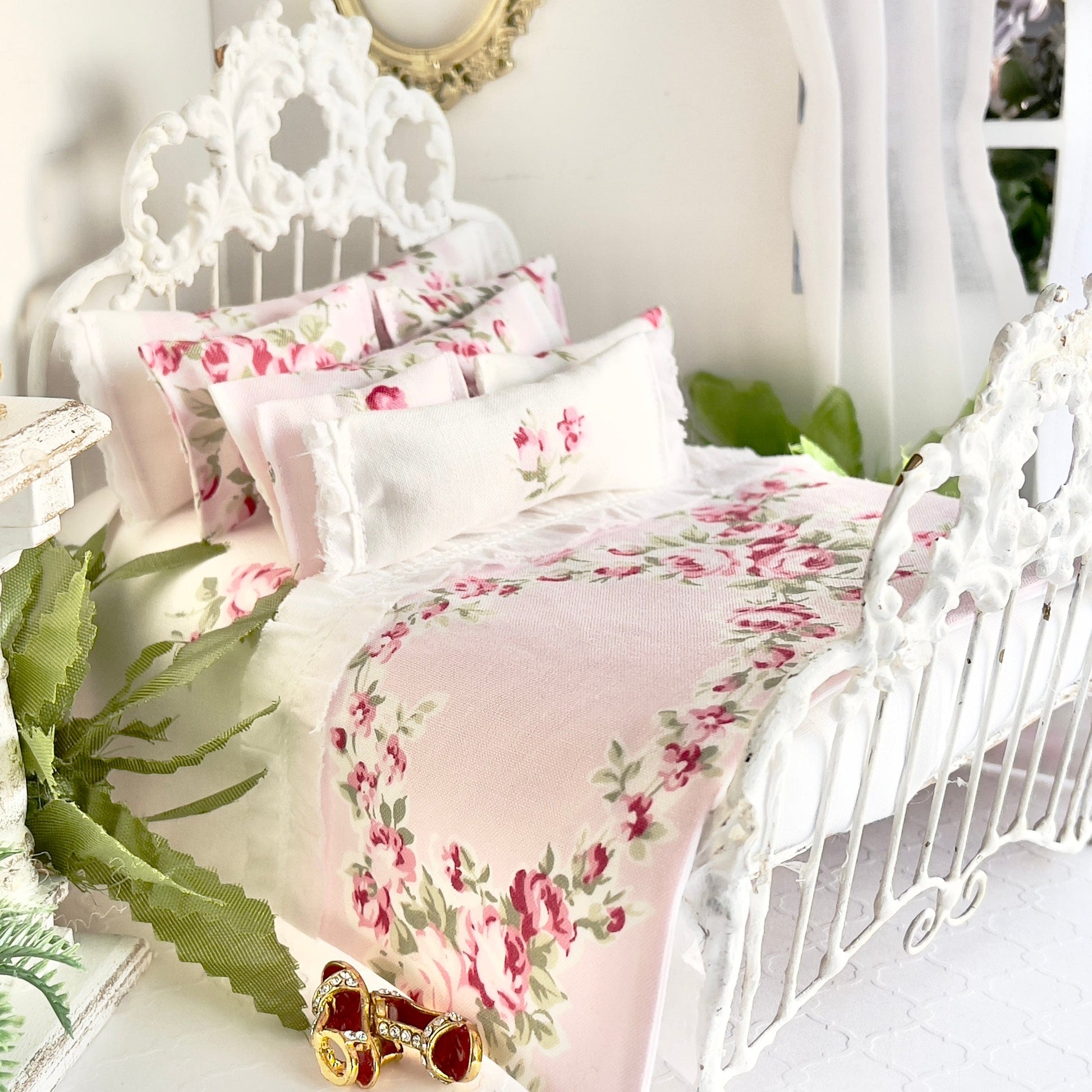 Chantallena Doll House Copy of Shabby Cottage | Eight Piece Blue and Pink Floral Bedding Set | Brooke