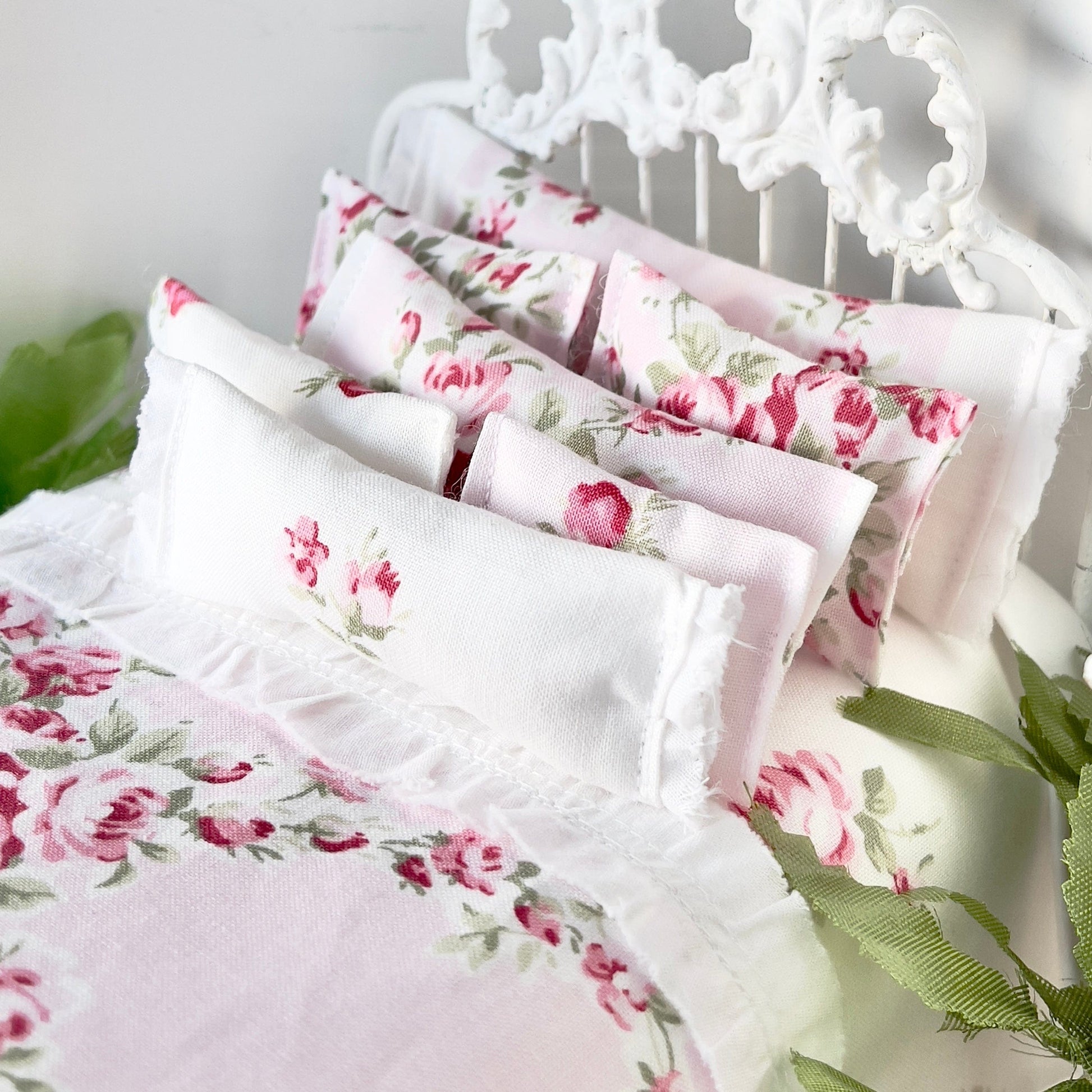 Chantallena Doll House Copy of Shabby Cottage | Eight Piece Blue and Pink Floral Bedding Set | Brooke