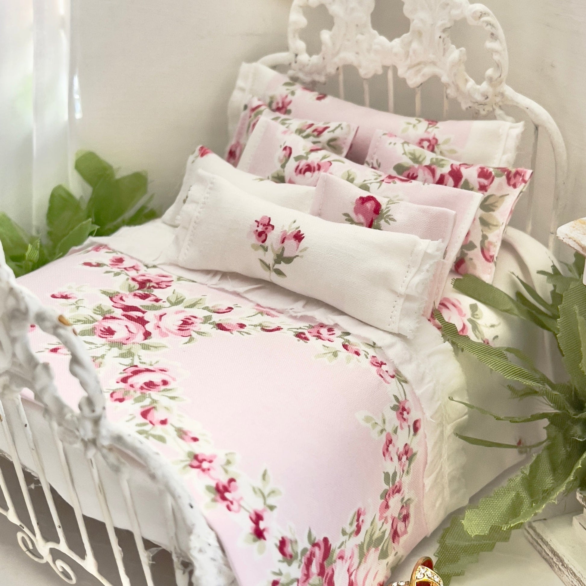 Chantallena Doll House Copy of Shabby Cottage | Eight Piece Blue and Pink Floral Bedding Set | Brooke