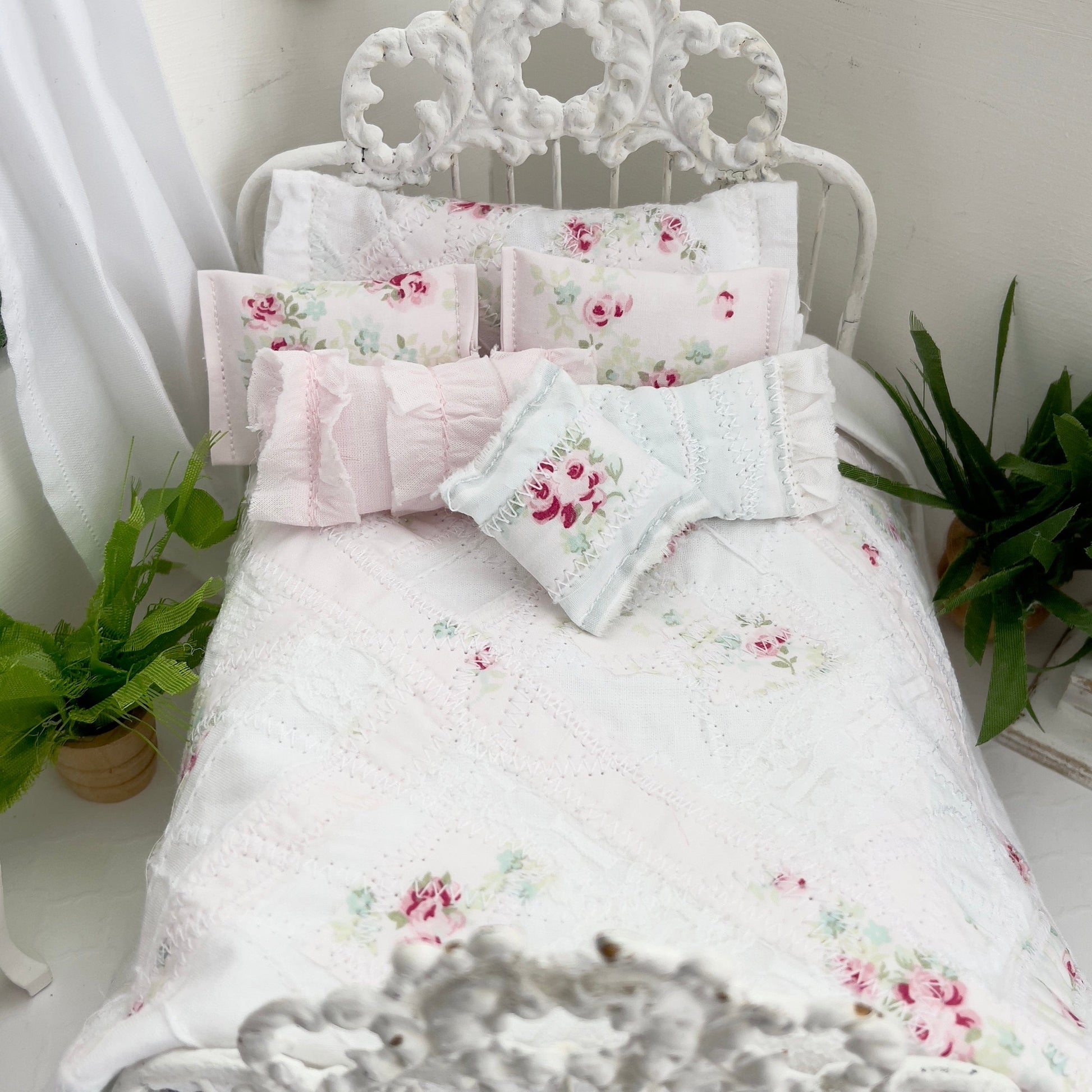 Chantallena Doll House Copy of Shabby Cottage | Eight Piece Blue and Pink Floral Bedding Set | Brooke