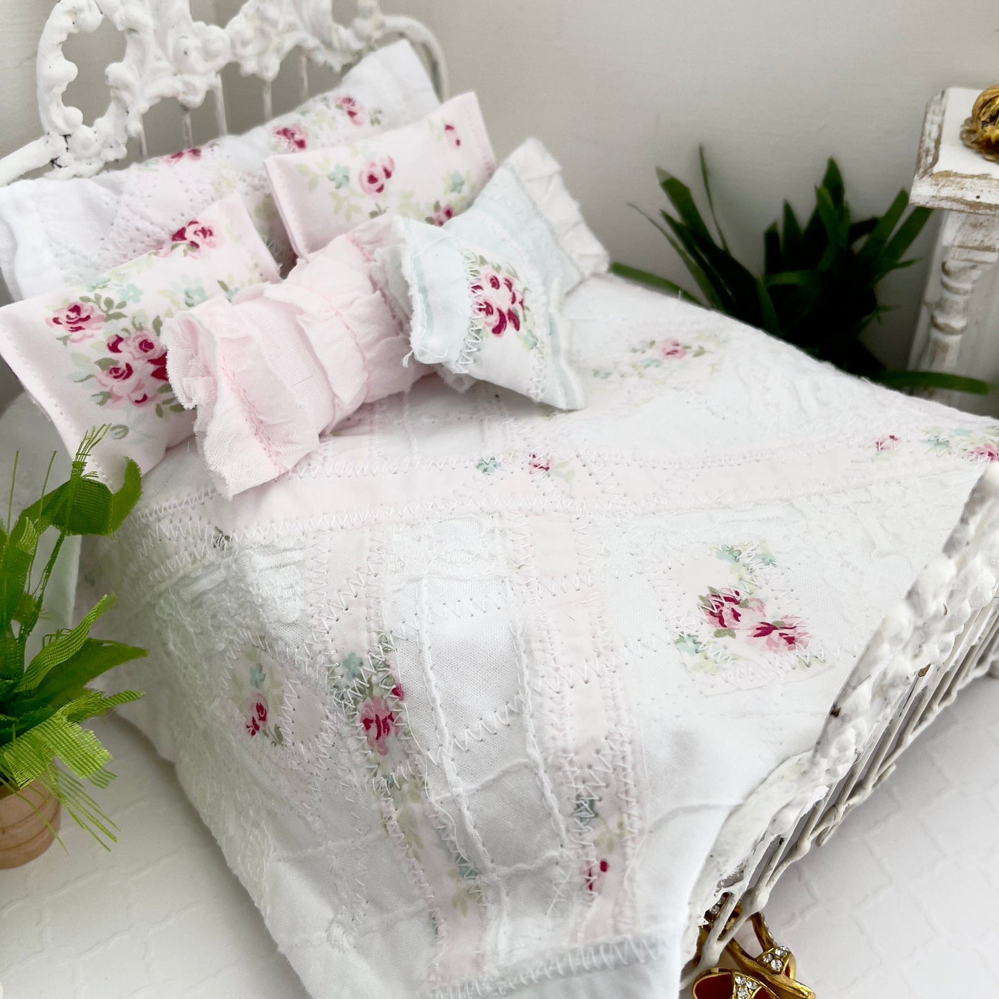 Chantallena Doll House Copy of Shabby Cottage | Eight Piece Blue and Pink Floral Bedding Set | Brooke