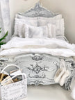 Chantallena Doll House Copy of Shabby Cottage | Eight Piece Shabby White Cotton Bed Set with Blue Roses Trellis | Blue Rose Trellis