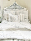Chantallena Doll House Copy of Shabby Cottage | Eight Piece Shabby White Cotton Bed Set with Blue Roses Trellis | Blue Rose Trellis