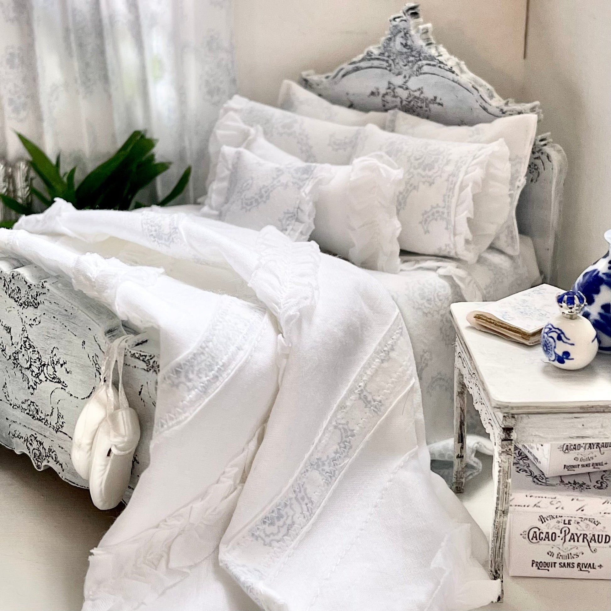 Chantallena Doll House Copy of Shabby Cottage | Eight Piece Shabby White Cotton Bed Set with Blue Roses Trellis | Blue Rose Trellis
