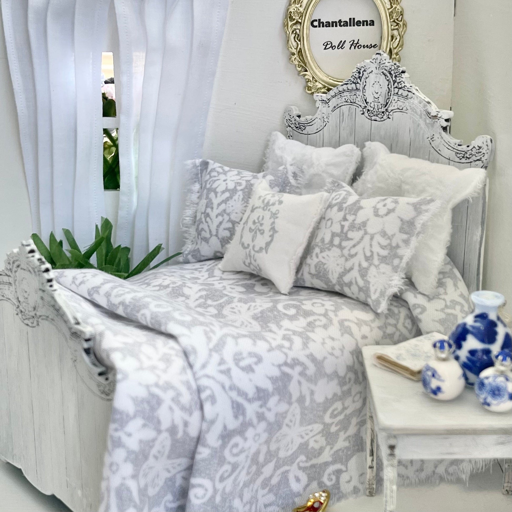 Chantallena Doll House Country Weekend | Grey Cotton Bedding Set with White Lace Trim| Blue Country Meadow