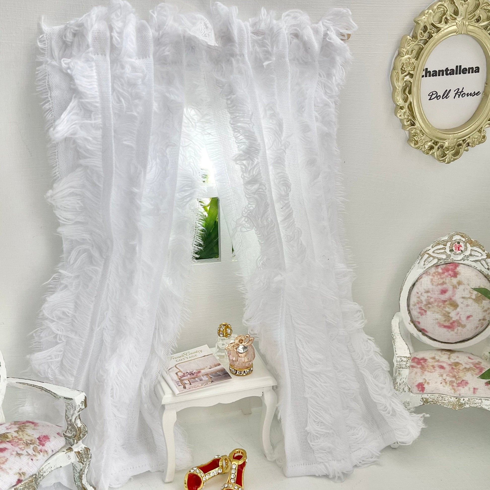 Chantallena Doll House CURTAINS - White Fringed 2 Panel Cotton Curtains | White Fringe | Soft Furnishings