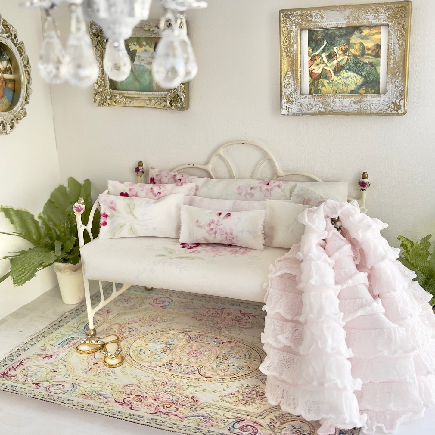 Chantallena Doll House Day Bed | Faded Pink, Blue Florals Cotton Set | Shabby Pink Wildflowers