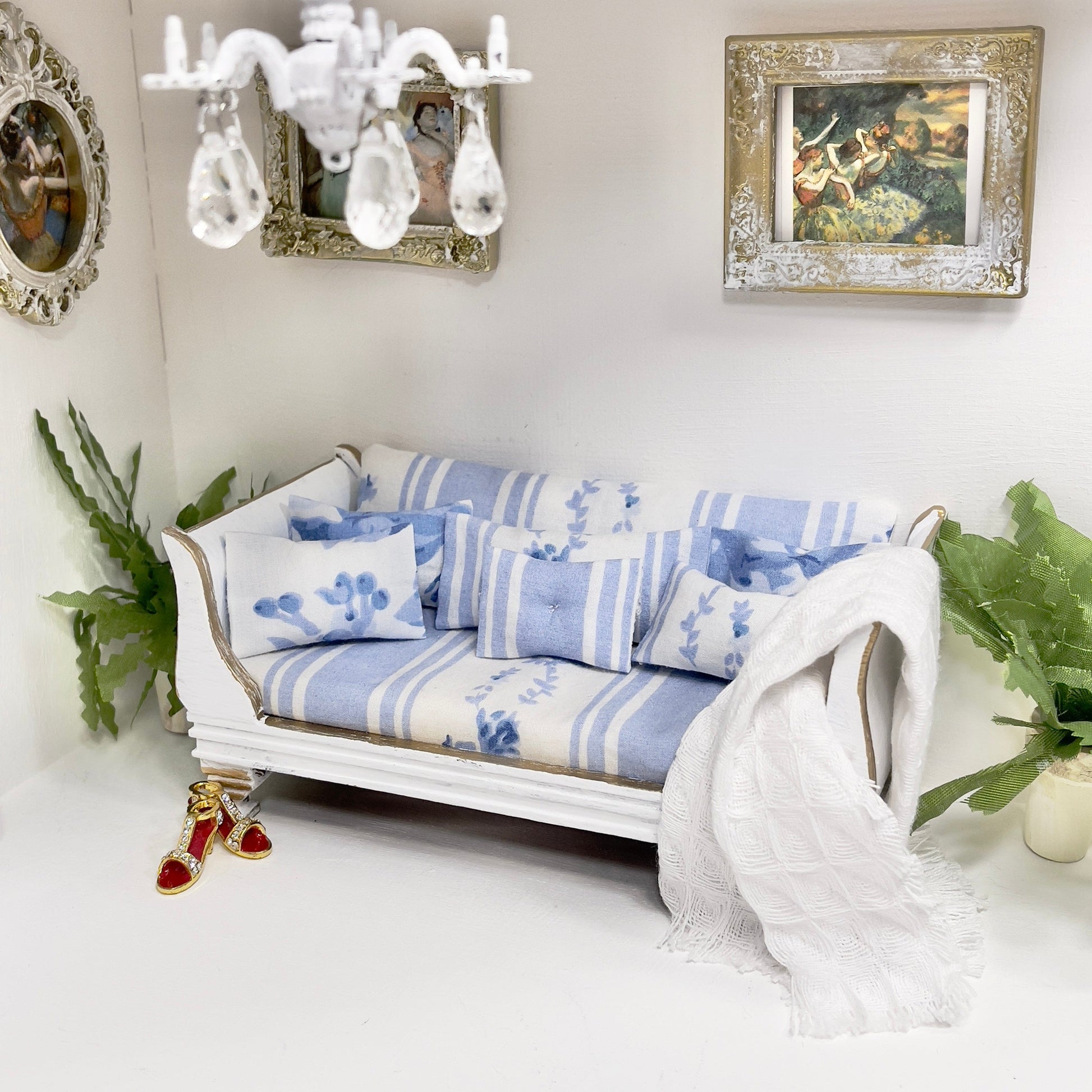 Chantallena Doll House Day Bed |  Seven Piece Shabby Blue Floral and Striped Cotton Set with Mattress | Shabby Blue Rachella