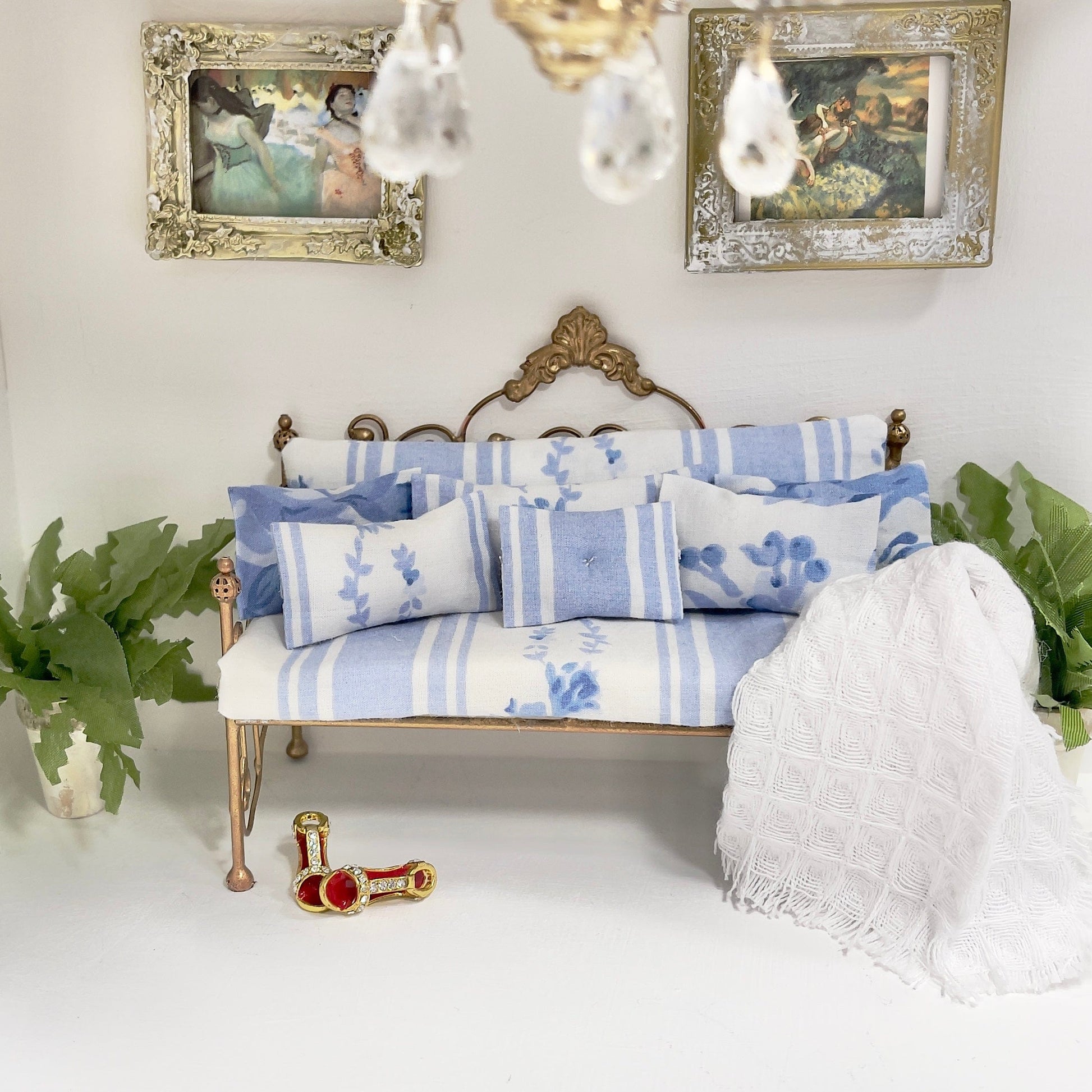 Chantallena Doll House Day Bed |  Seven Piece Shabby Blue Floral and Striped Cotton Set with Mattress | Shabby Blue Rachella