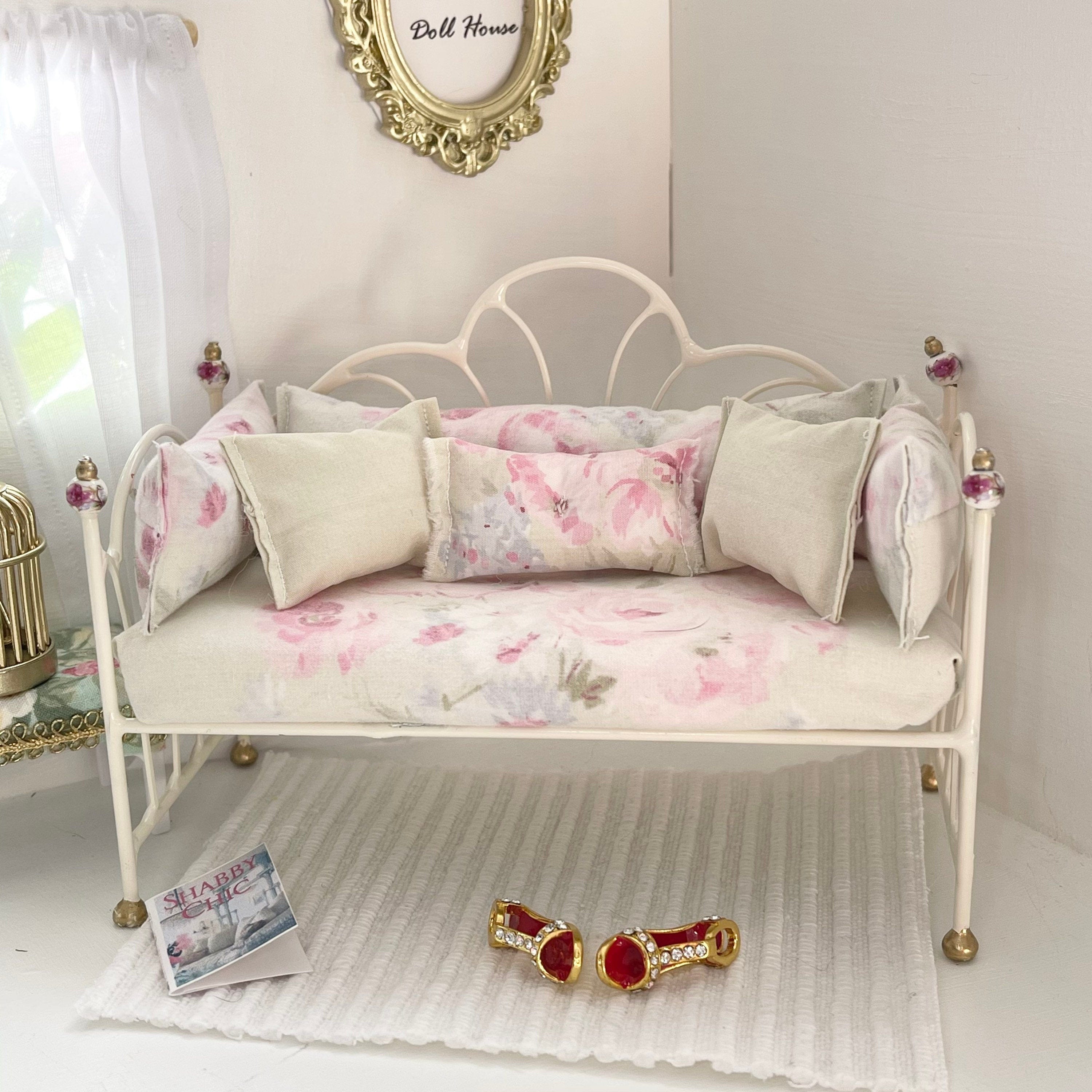 Pale Shabby Green and Pink Roses Miniature Daybed Set