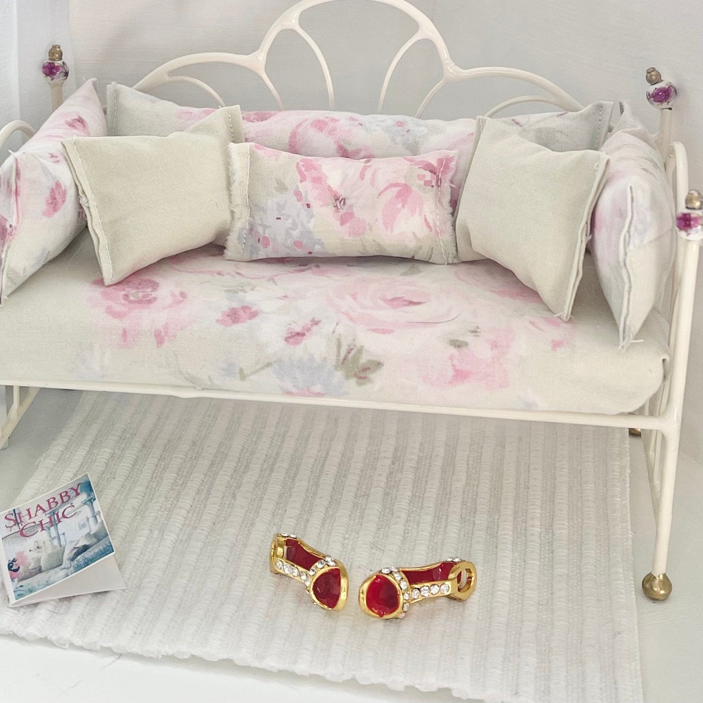 Chantallena Doll House Day Bed- Seven Piece Shabby Cotton Faded Green and Pink Roses Set with Mattress | Faded Shabby Green