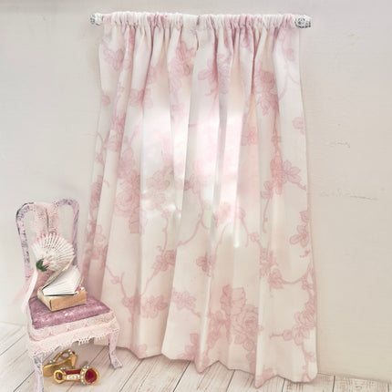 Chantallena Doll House Dollhouse Accessories CURTAINS- Faded Pink and White Floral Vines 2 Panel Cotton Curtains | Faded Floral Vine | Soft Furnishings