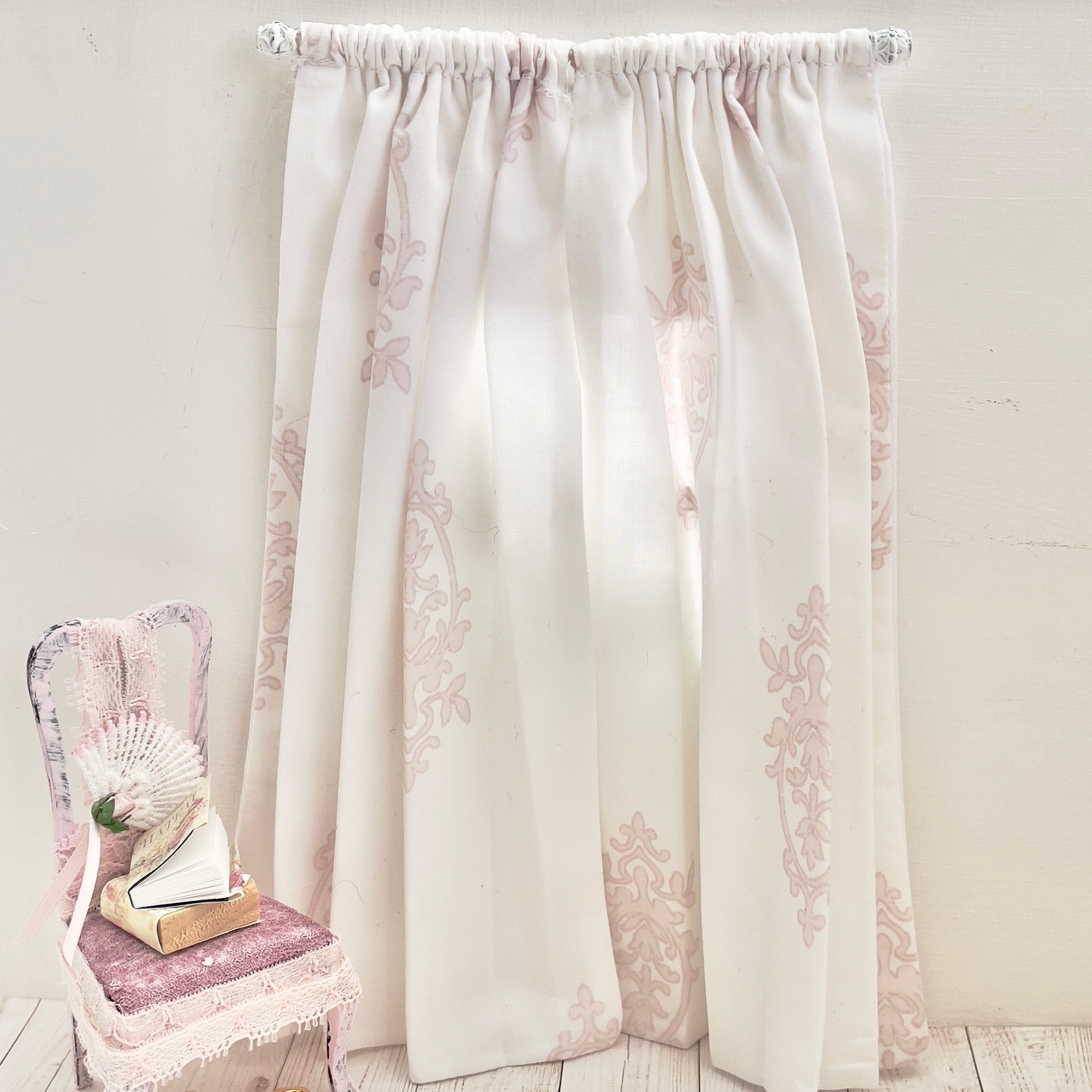 Chantallena Doll House Dollhouse Accessories CURTAINS - Light Pink and White Crest 2 Panel Cotton Curtains | Pink Crest |Soft Furnishings