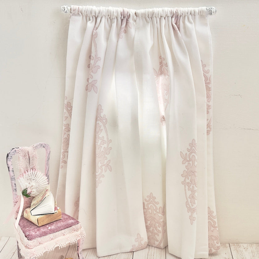Chantallena Doll House Dollhouse Accessories CURTAINS - Light Pink and White Crest 2 Panel Cotton Curtains | Pink Crest |Soft Furnishings
